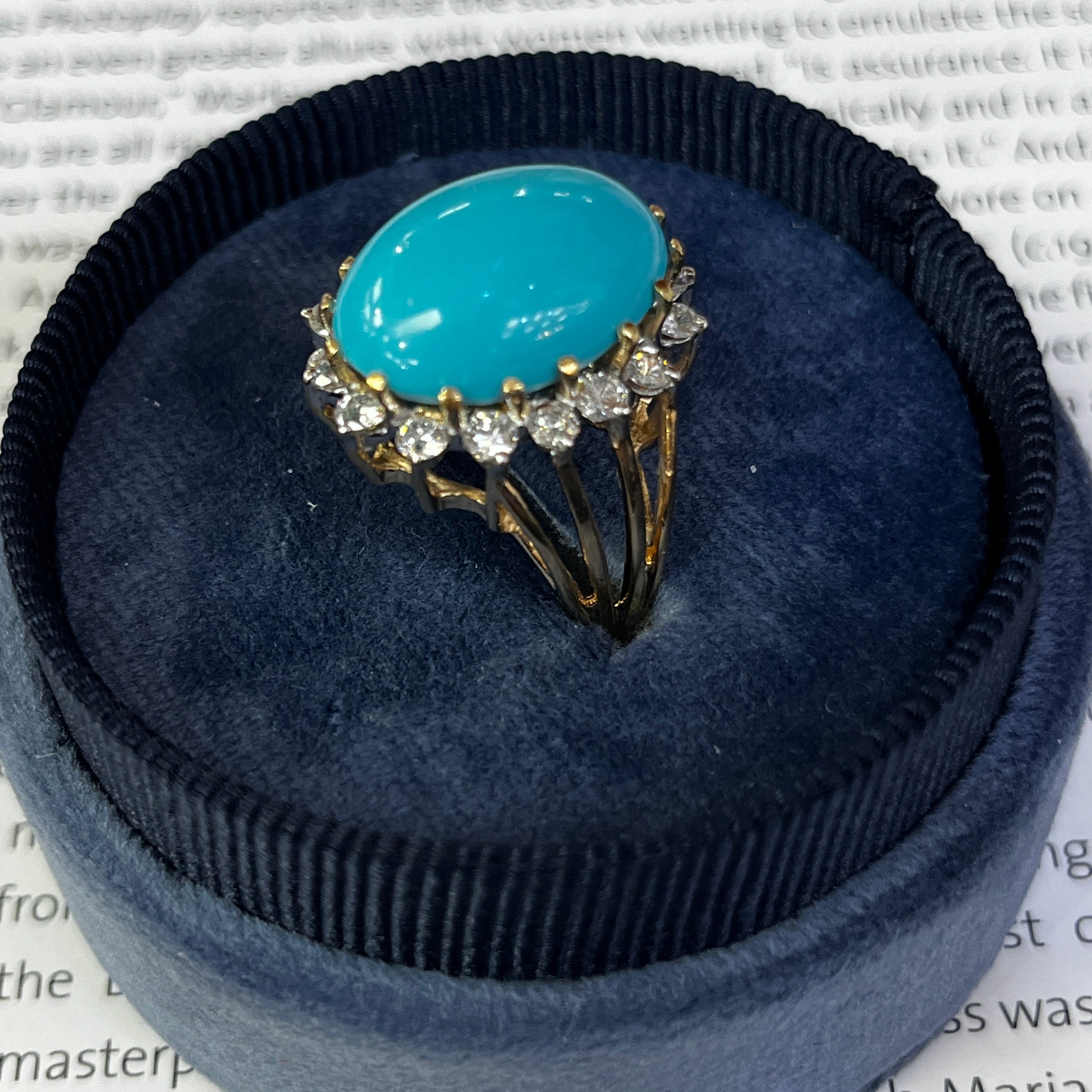 Vintage 14K Yellow Gold Large Natural Turquoise Diamond Halo Ring