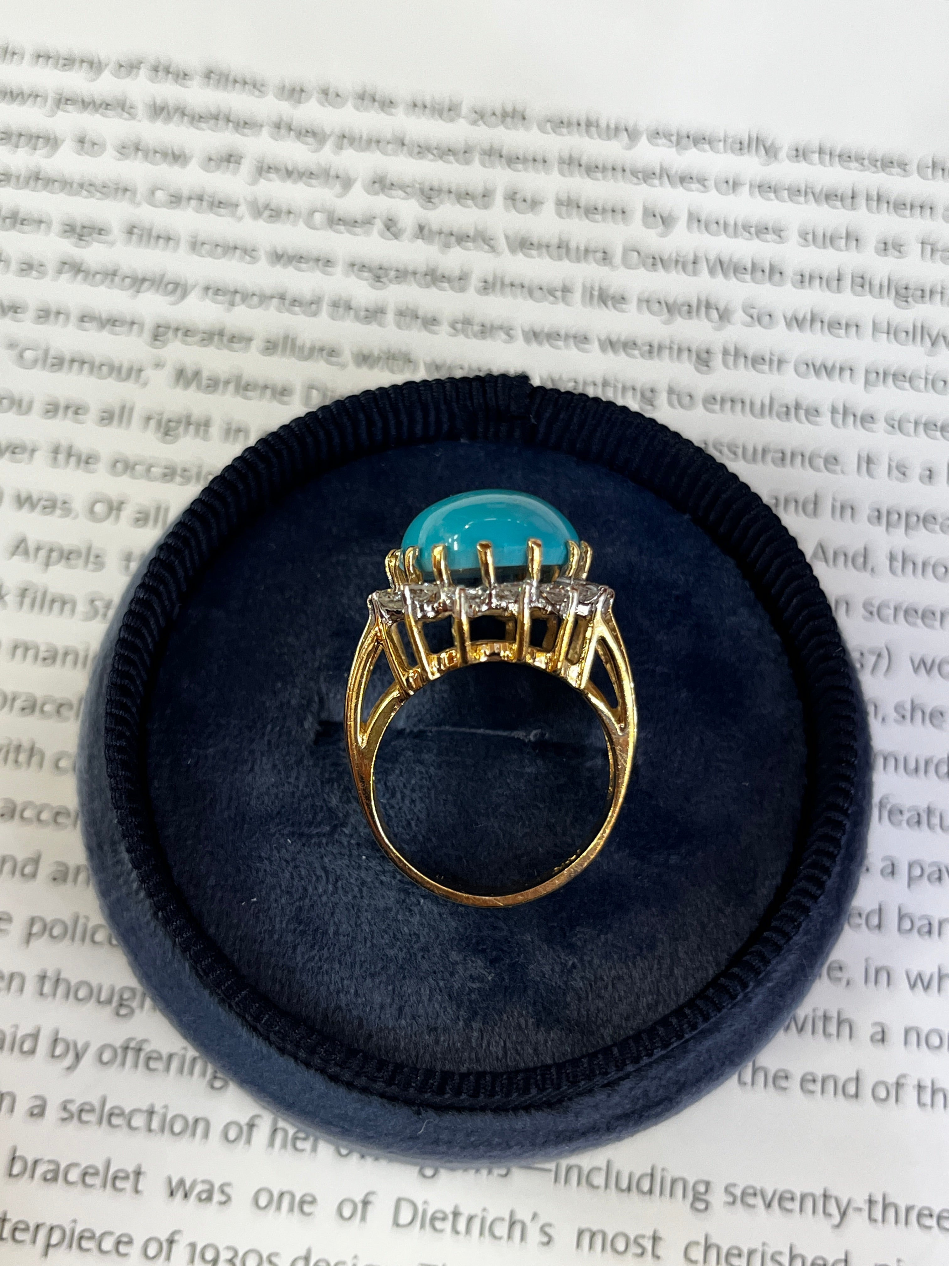 Vintage 14K Yellow Gold Large Natural Turquoise Diamond Halo Ring