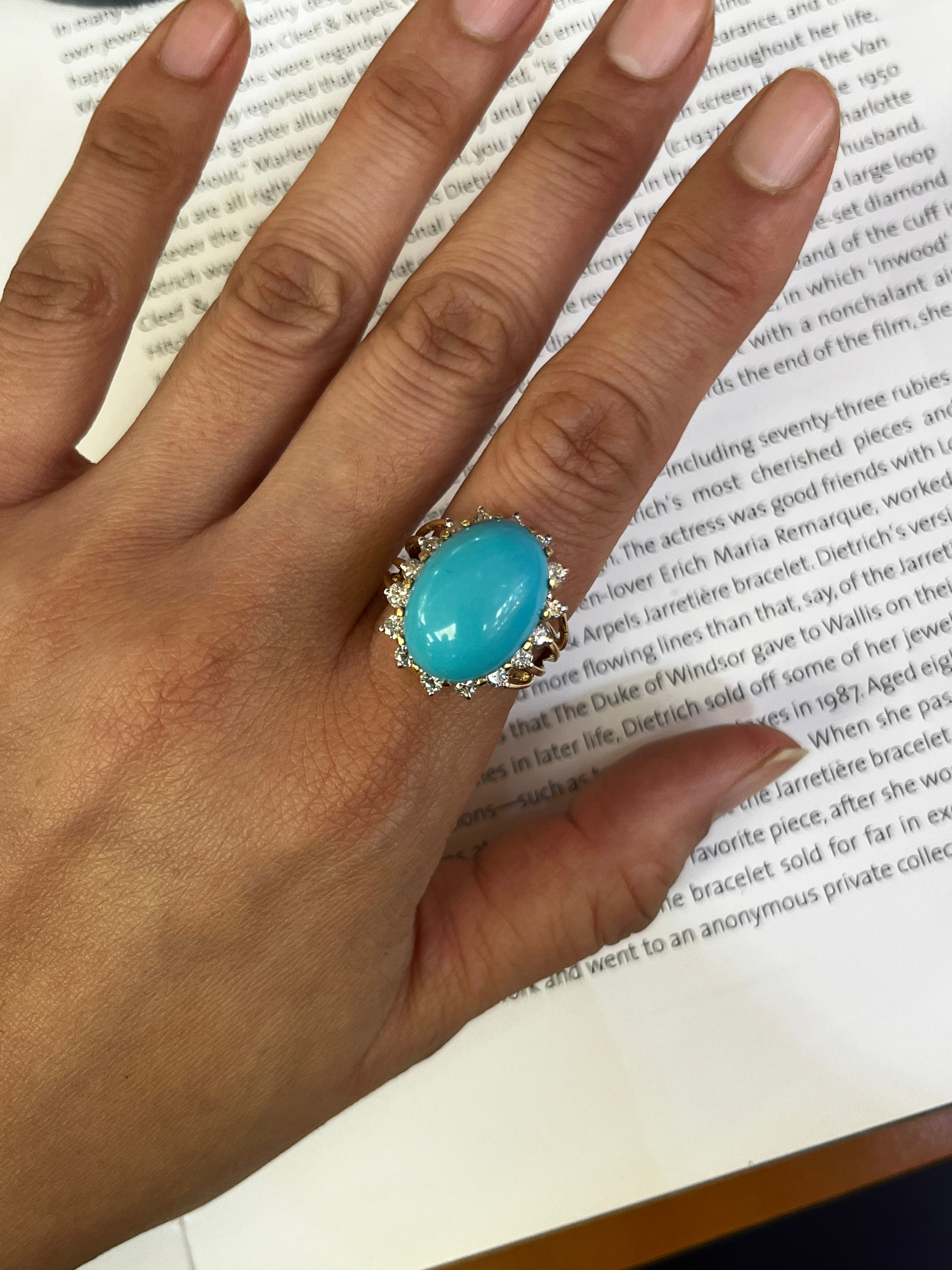 Vintage 14K Yellow Gold Large Natural Turquoise Diamond Halo Ring