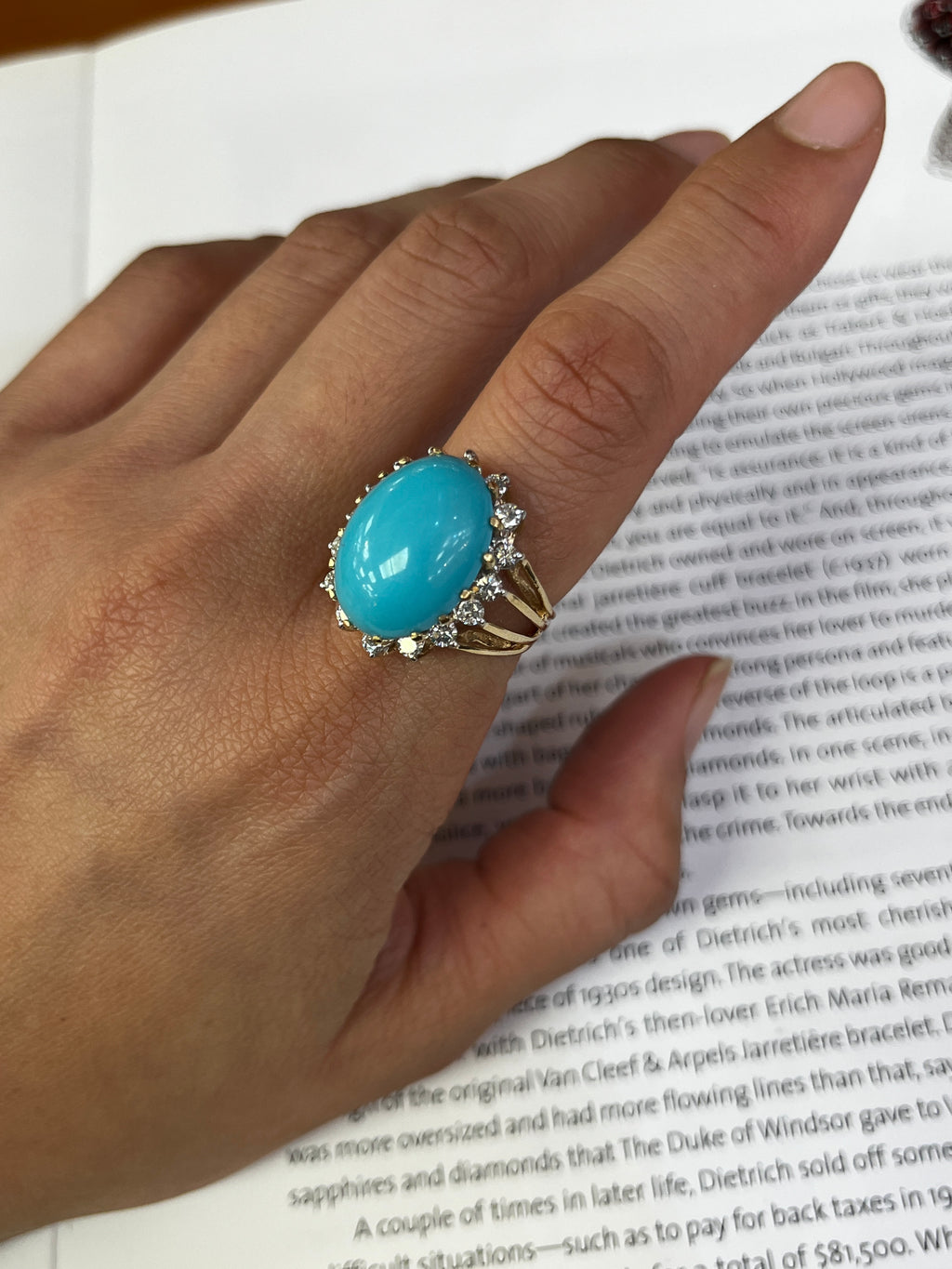 Vintage 14K Yellow Gold Large Natural Turquoise Diamond Halo Ring