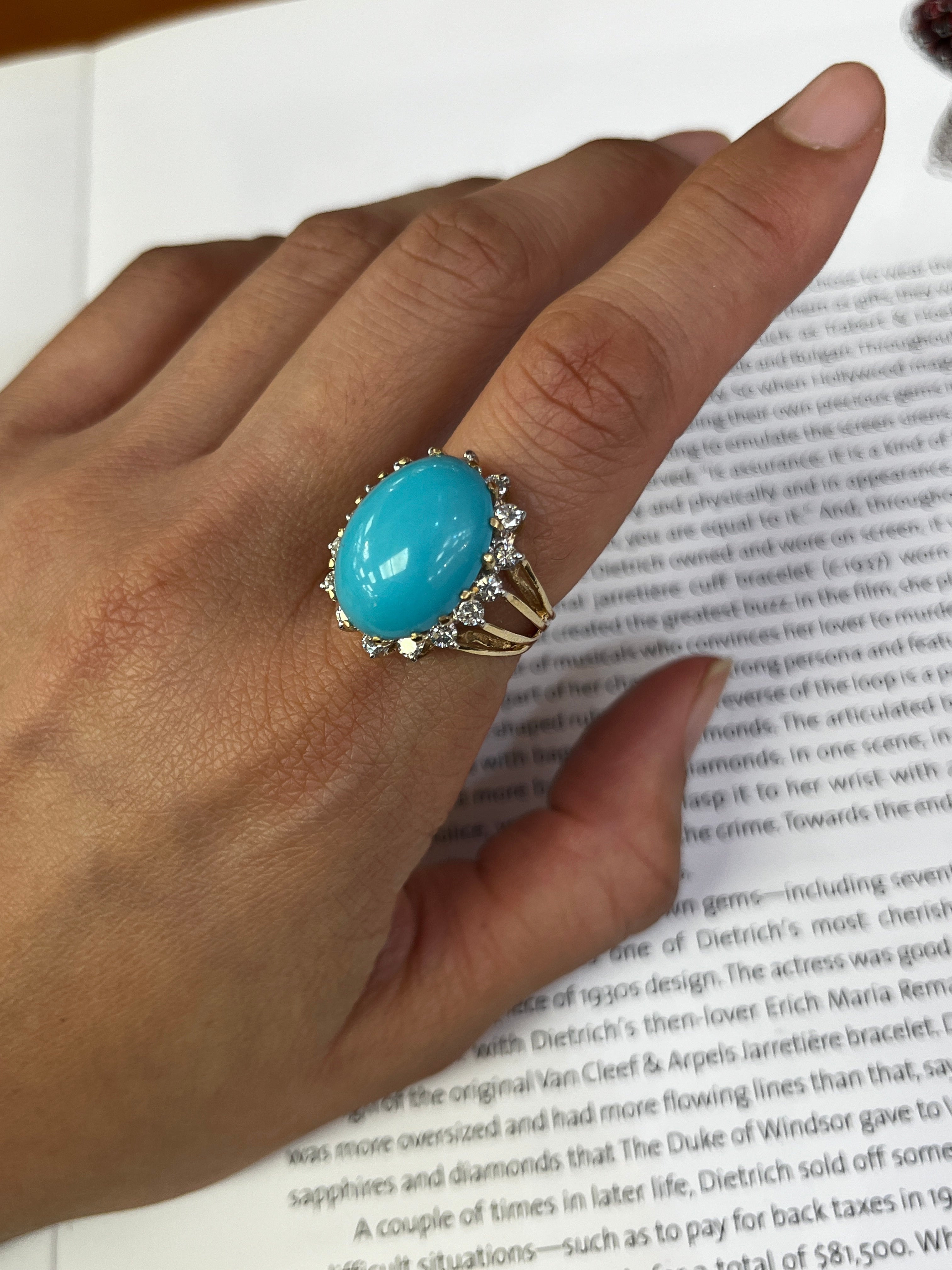 Vintage 14K Yellow Gold Large Natural Turquoise Diamond Halo Ring