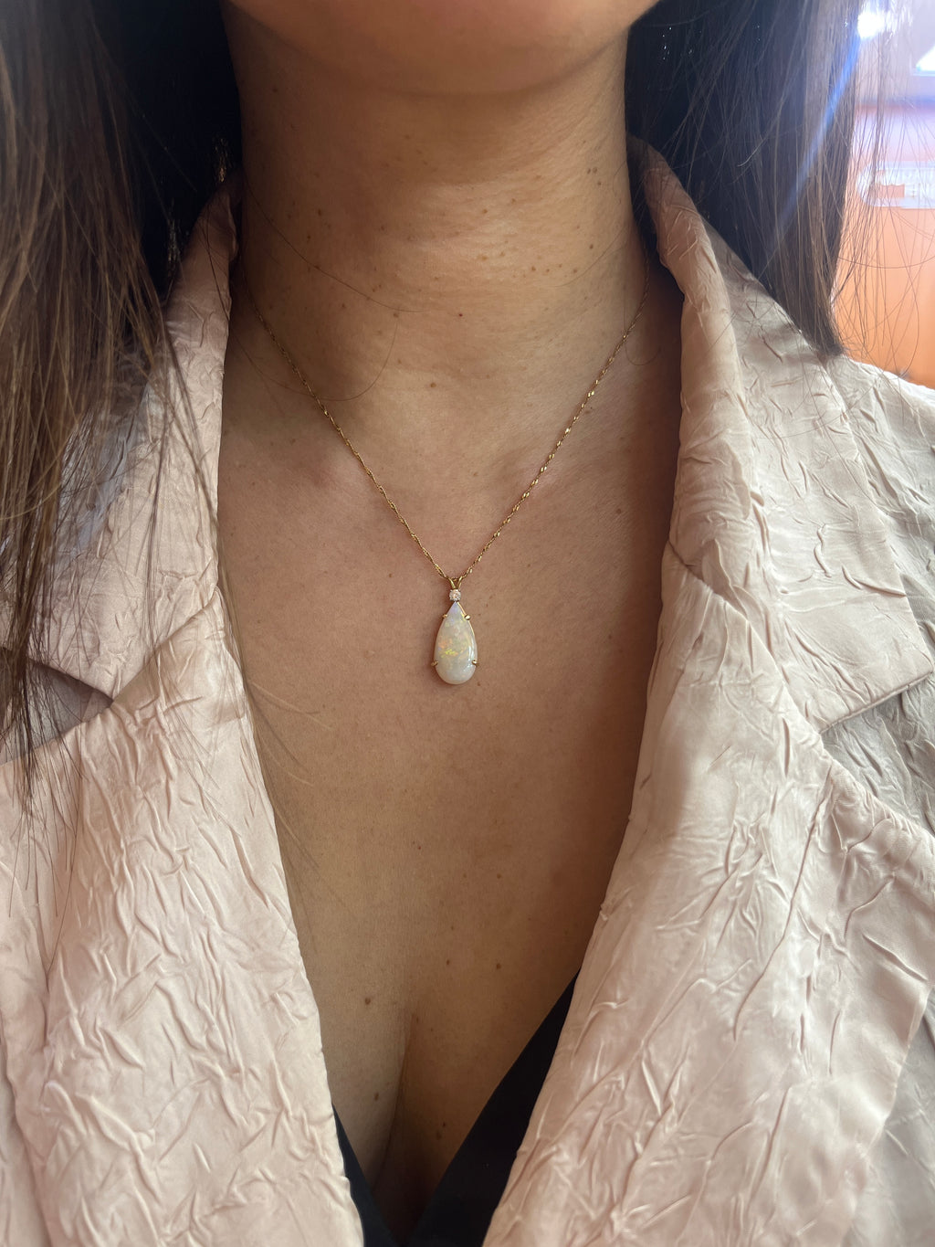 Vintage 14K Yellow Gold Teardrop Ethiopian Opal & Diamond Pendant Necklace