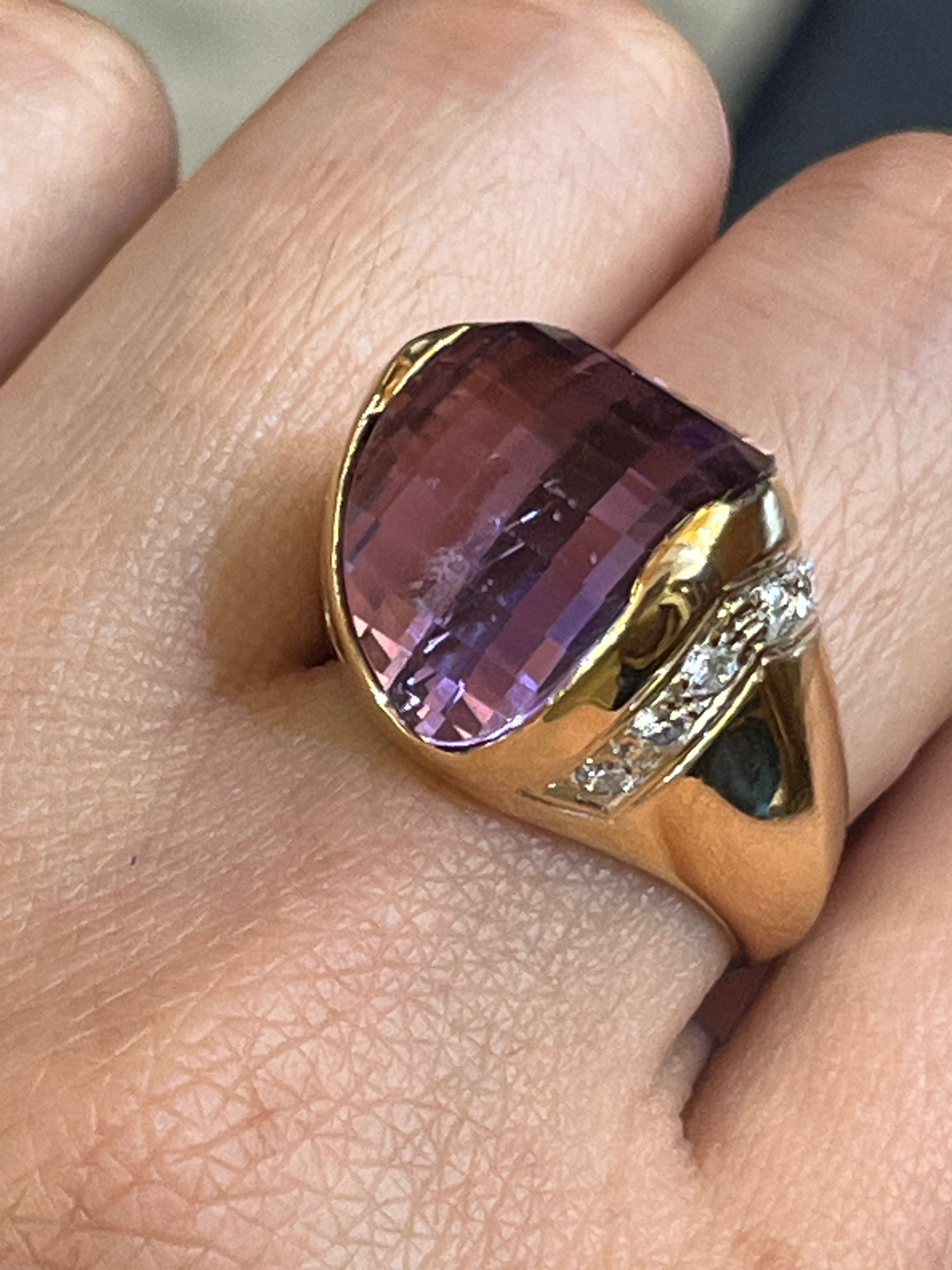 Vintage 14K Yellow Gold  Amethyst & Diamonds Funky Ring.
