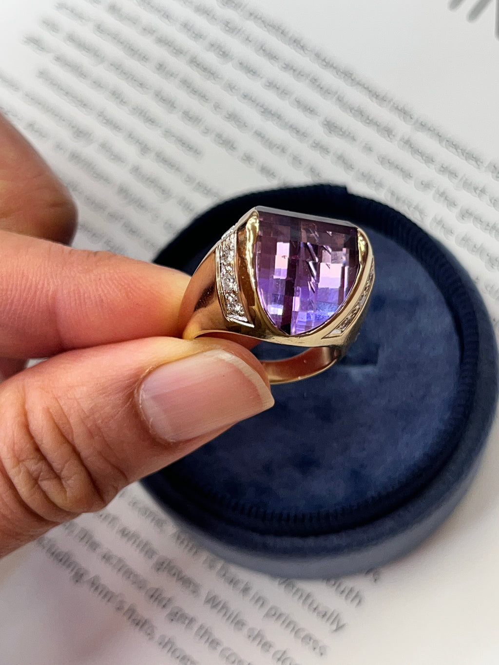 Vintage 14K Yellow Gold  Amethyst & Diamonds Funky Ring.