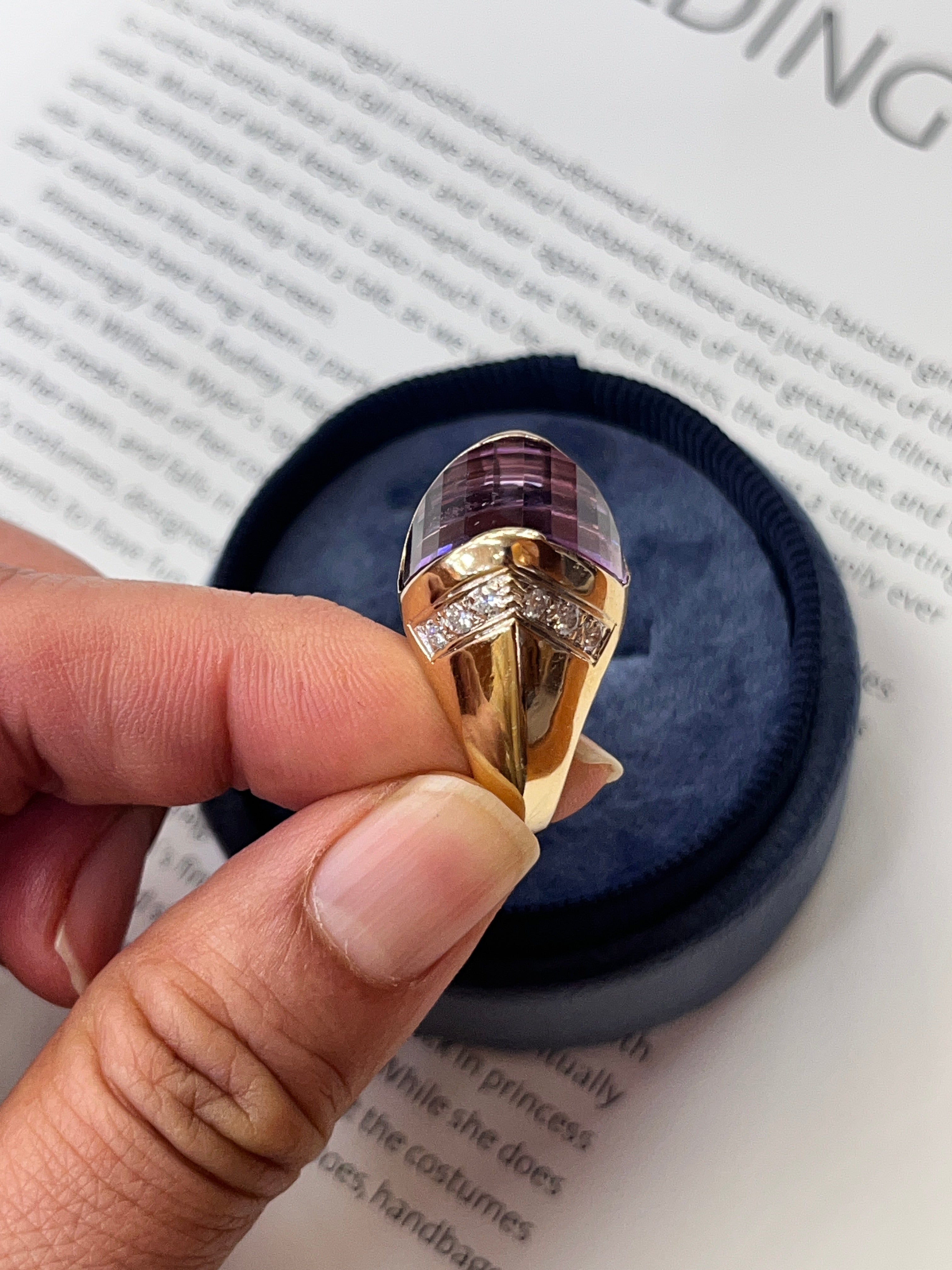 Vintage 14K Yellow Gold  Amethyst & Diamonds Funky Ring.