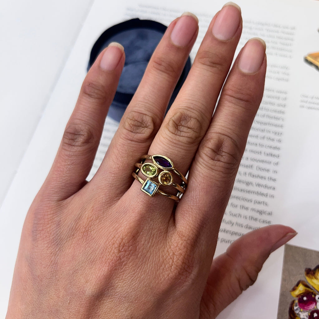 Vintage 10K Yellow Gold Multi Color Gem Stones Ring
