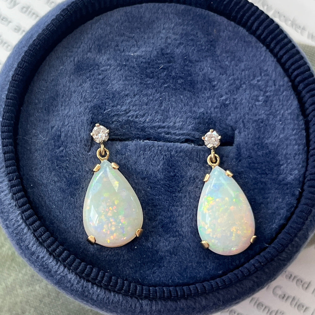 Vintage 14K Yellow Gold Teardrop Ethiopian Opal & Diamond  Dangling Earrings