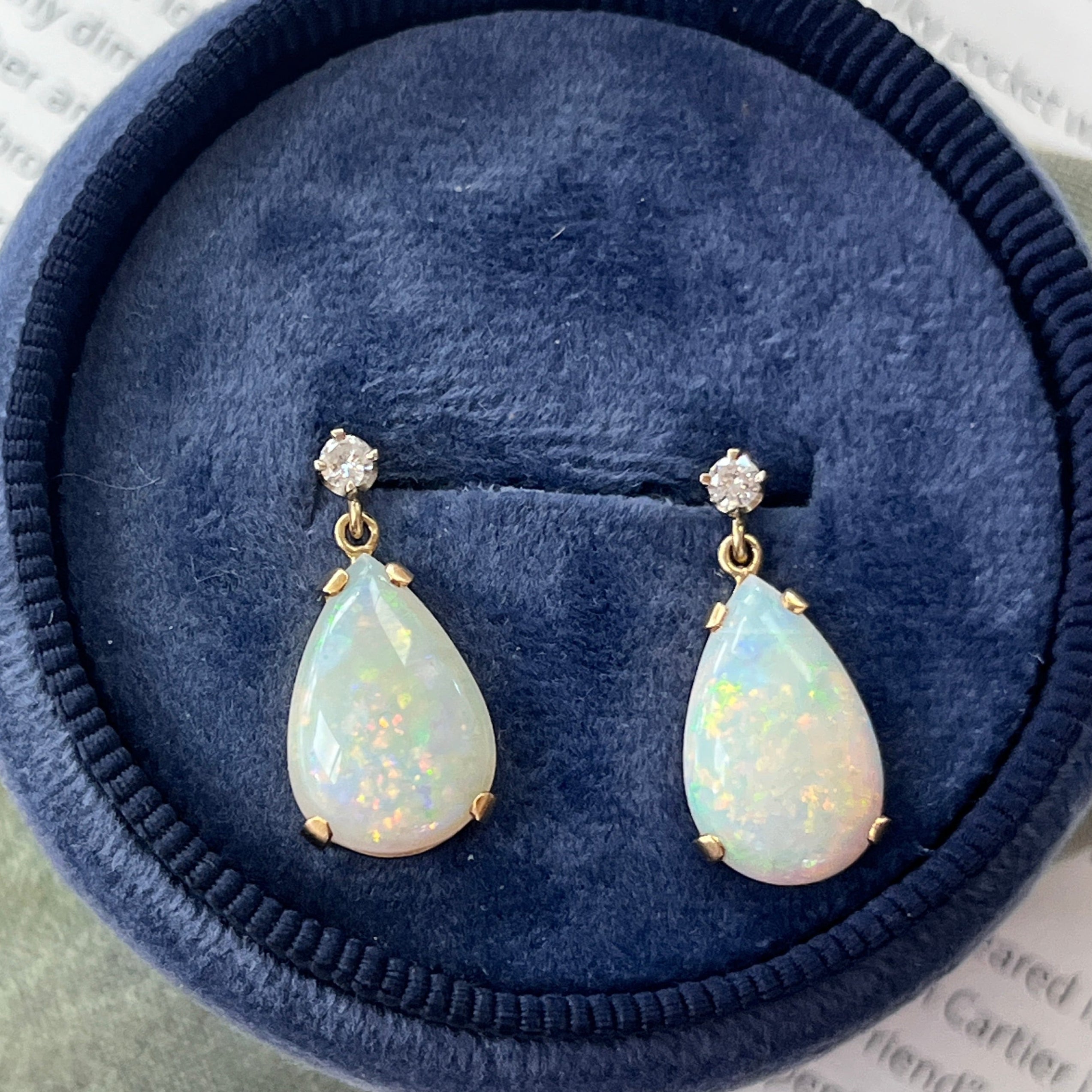 Vintage 14K Yellow Gold Teardrop Ethiopian Opal & Diamond  Dangling Earrings