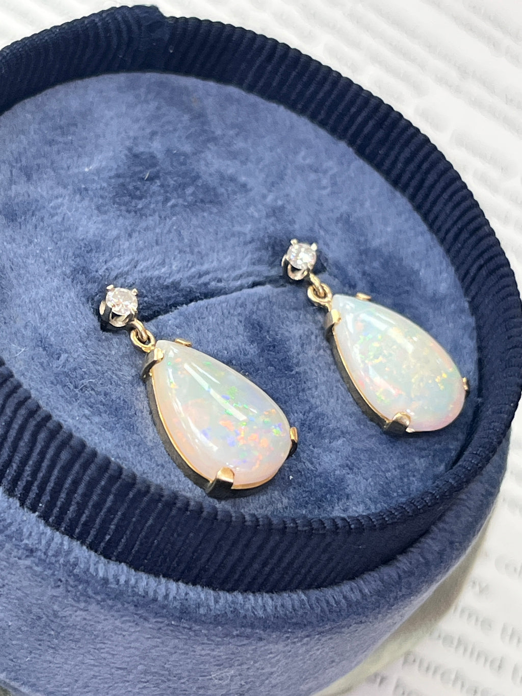 Vintage 14K Yellow Gold Teardrop Ethiopian Opal & Diamond  Dangling Earrings