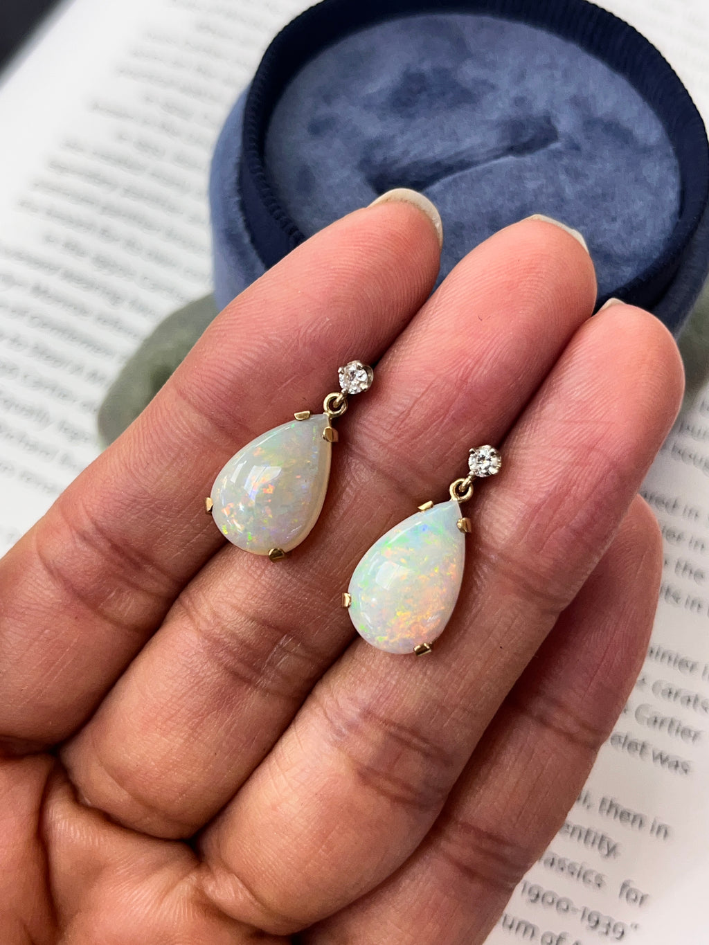 Vintage 14K Yellow Gold Teardrop Ethiopian Opal & Diamond  Dangling Earrings