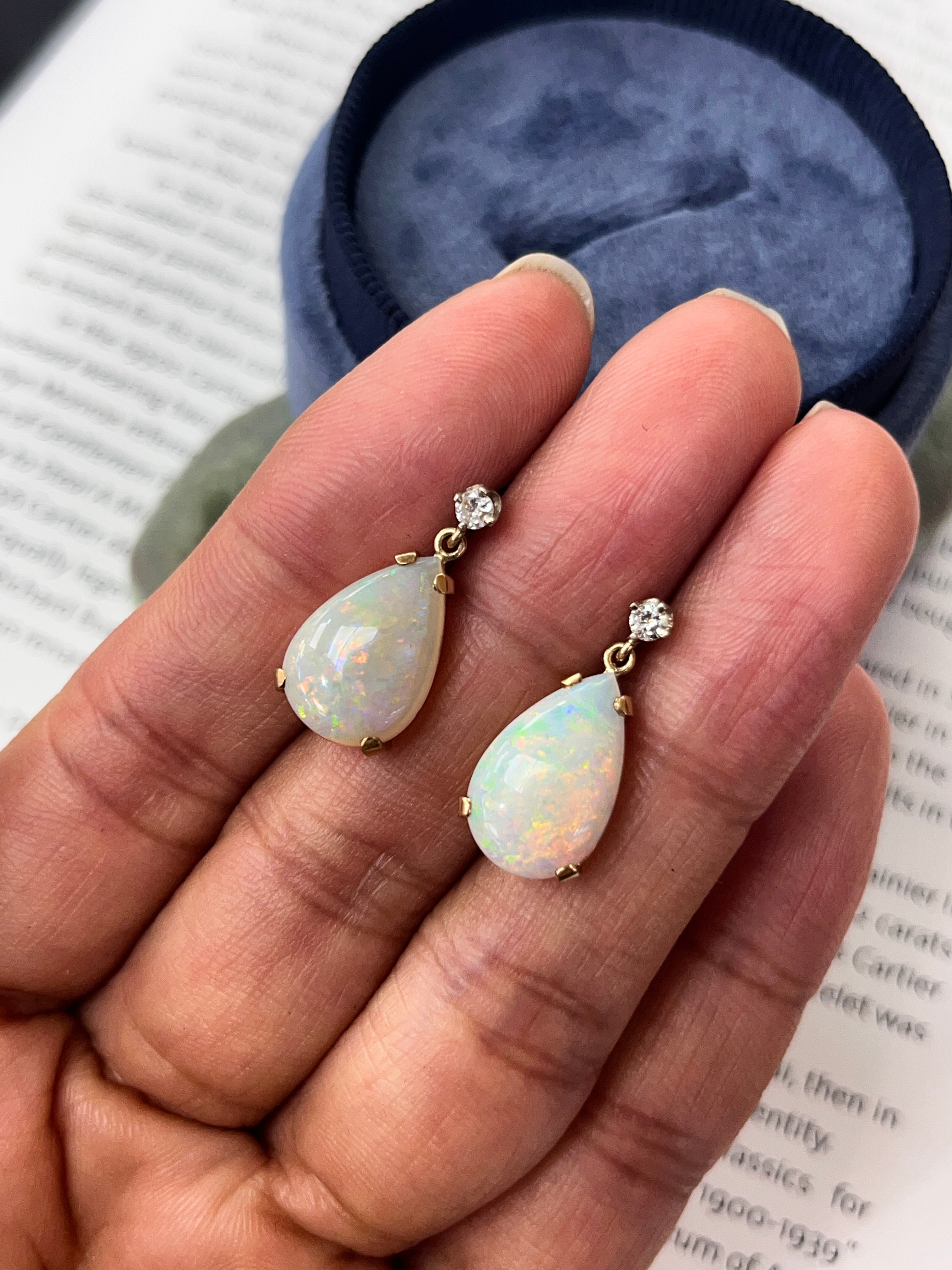 Vintage 14K Yellow Gold Teardrop Ethiopian Opal & Diamond  Dangling Earrings