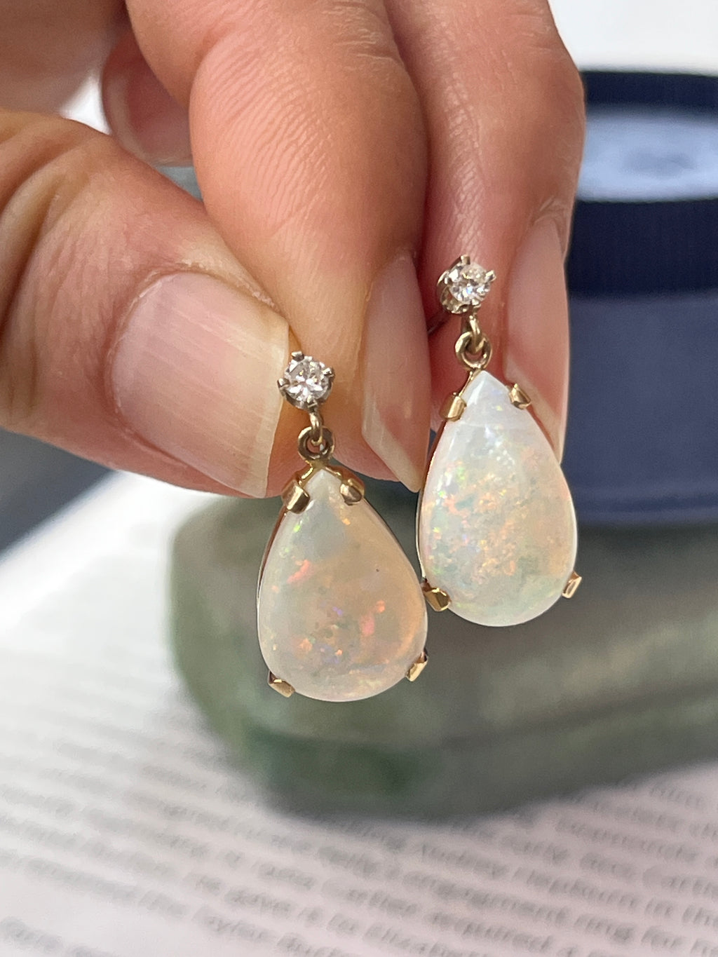 Vintage 14K Yellow Gold Teardrop Ethiopian Opal & Diamond  Dangling Earrings