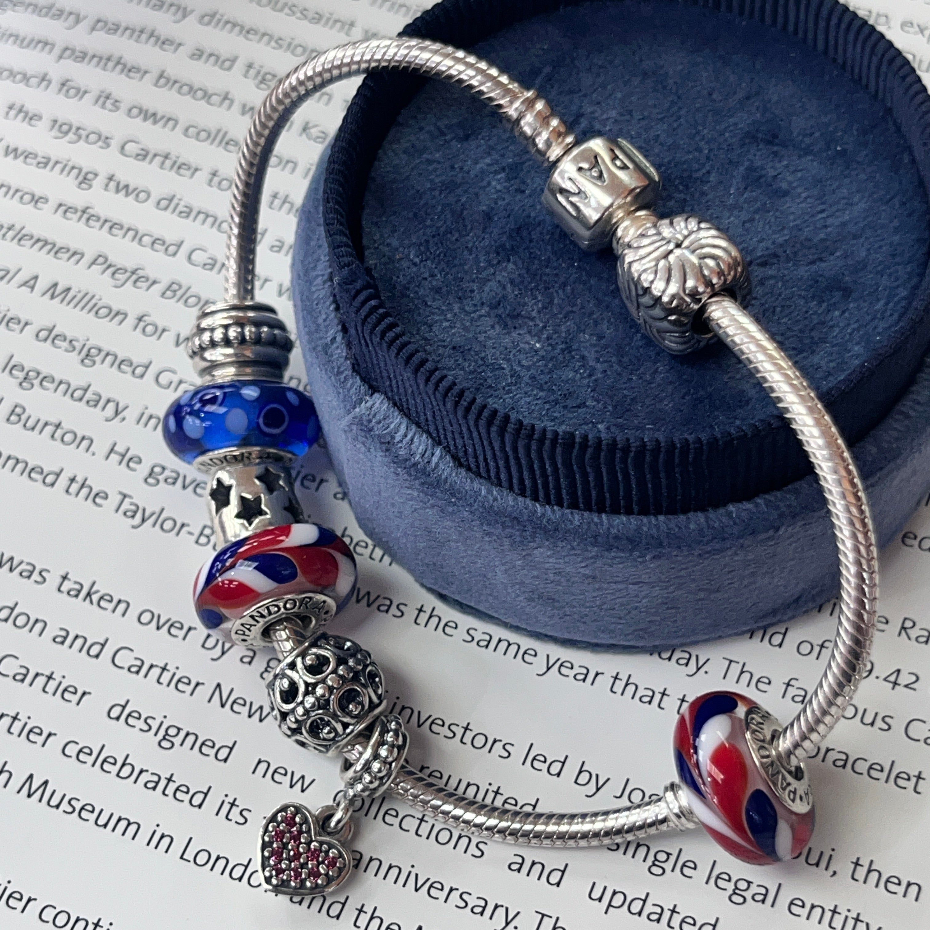 Pandora Sterling Silver Patriotic Murano Bead Heart Charm Bracelet.