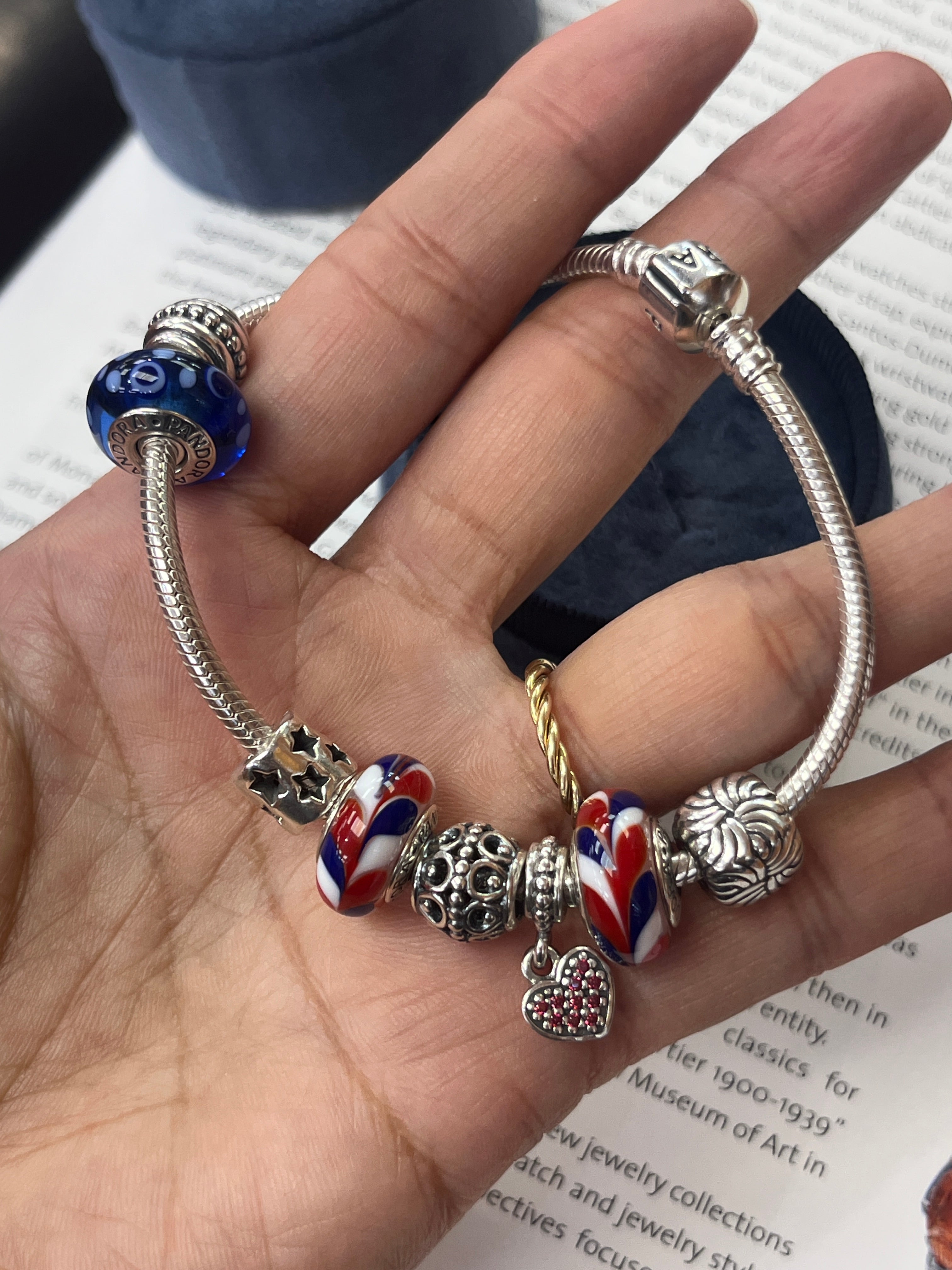 Pandora Sterling Silver Patriotic Murano Bead Heart Charm Bracelet.