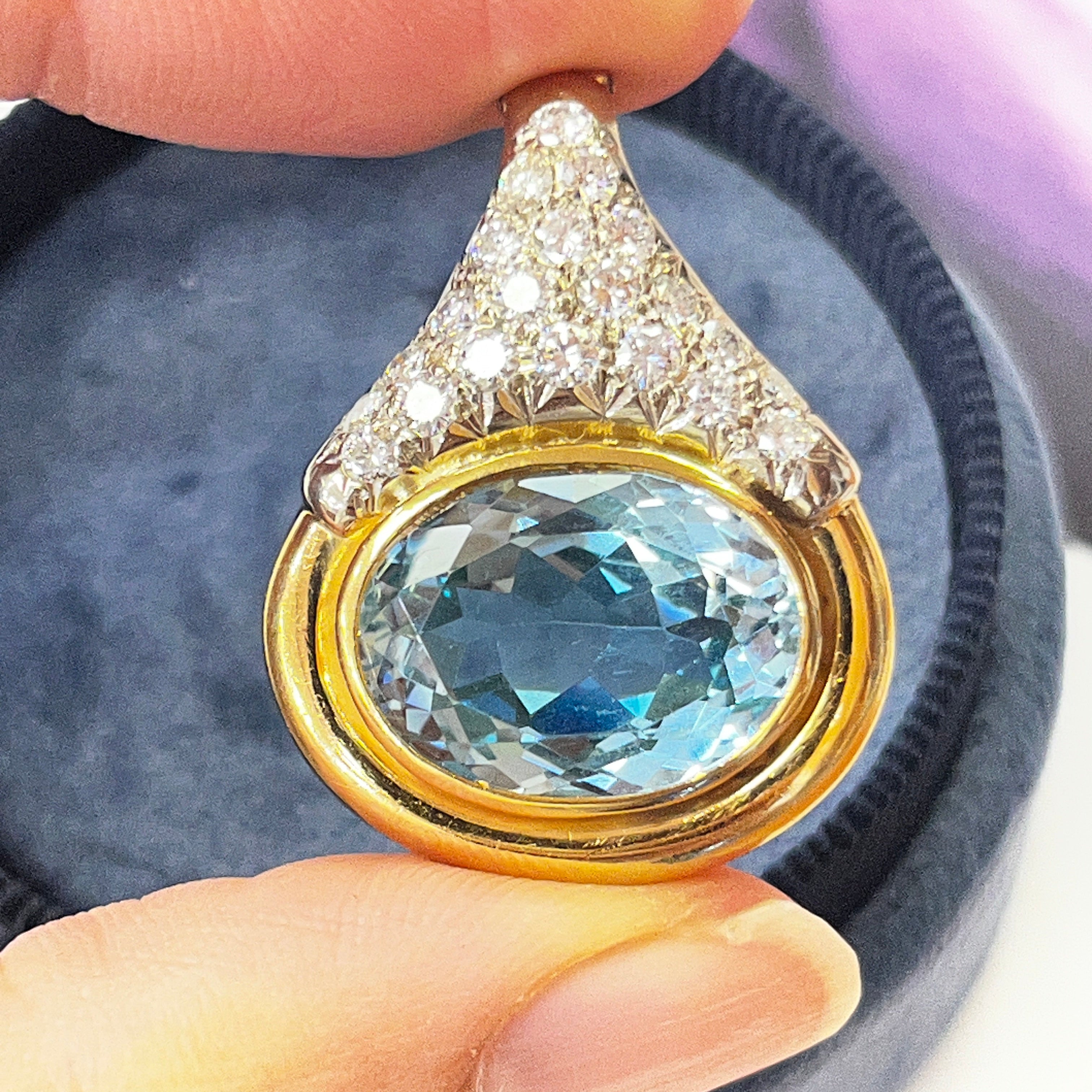 Vintage 18K Yellow Gold Blue Topaz and Diamond Pendant