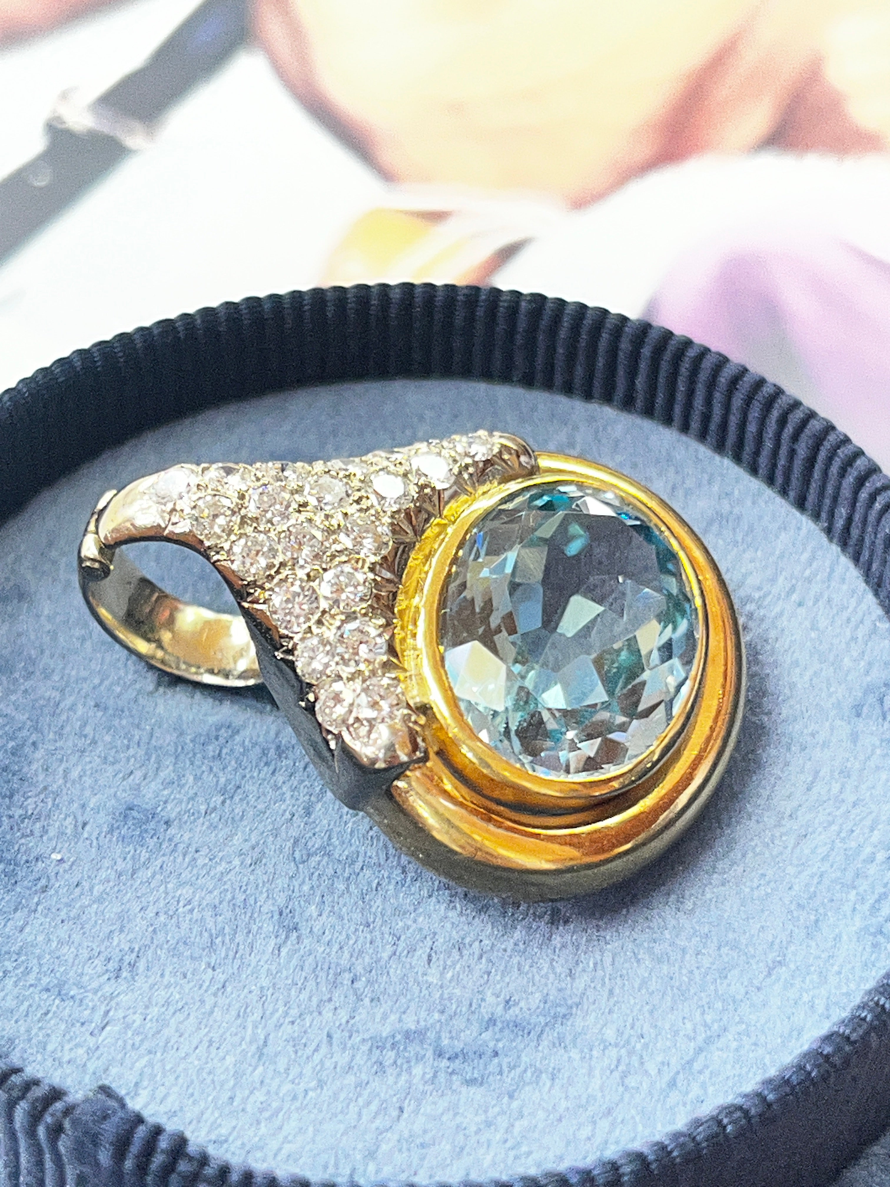 Vintage 18K Yellow Gold Blue Topaz and Diamond Pendant
