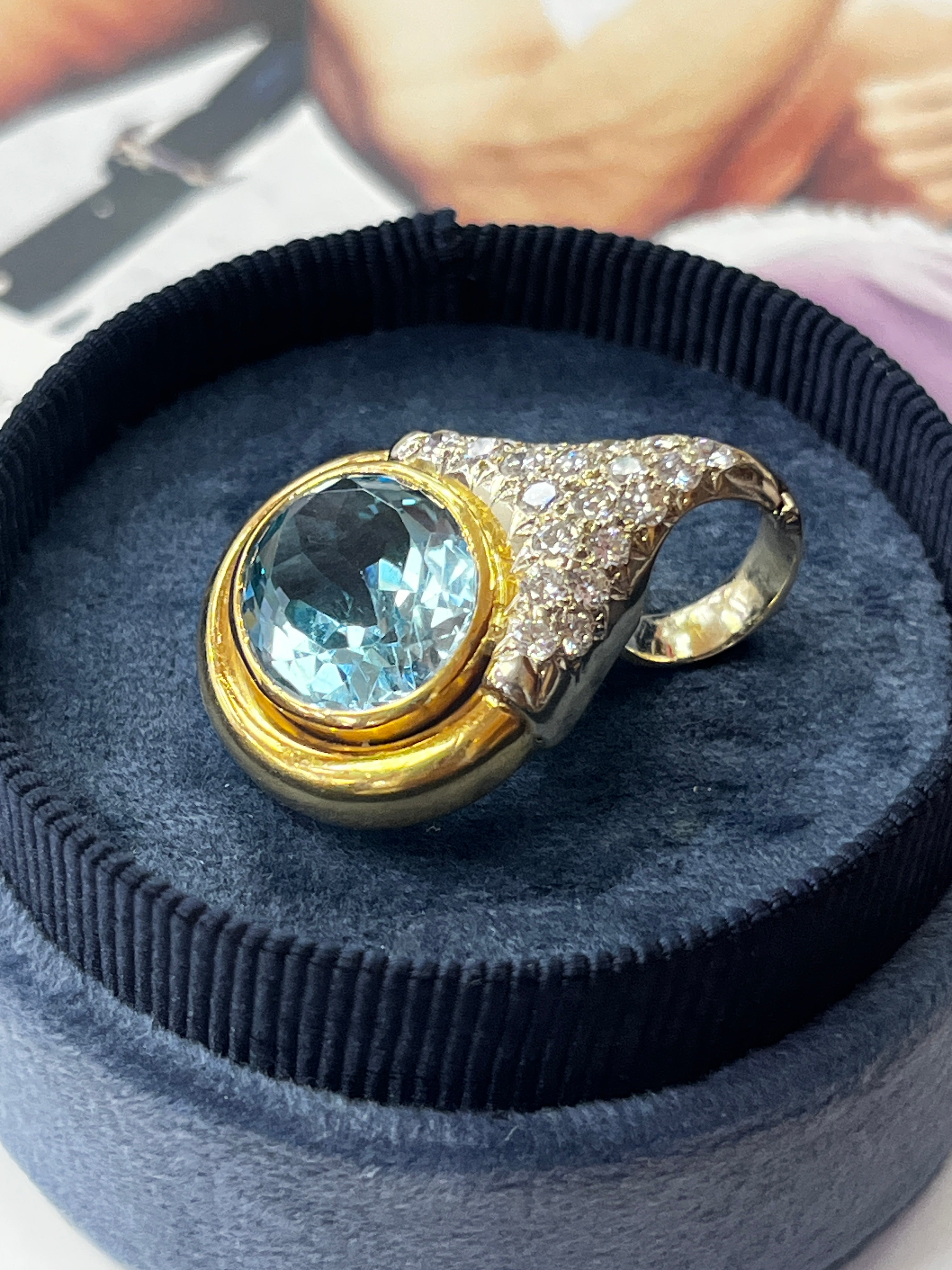 Vintage 18K Yellow Gold Blue Topaz and Diamond Pendant