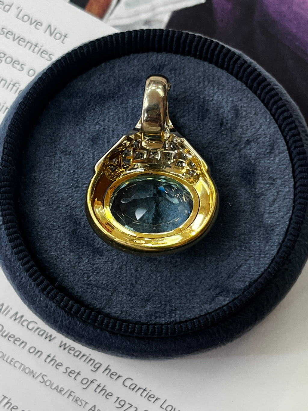 Vintage 18K Yellow Gold Blue Topaz and Diamond Pendant
