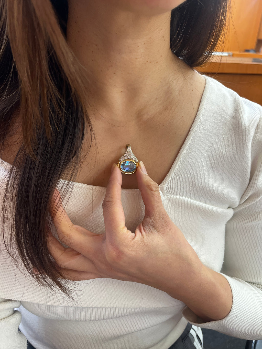 Vintage 18K Yellow Gold Blue Topaz and Diamond Pendant