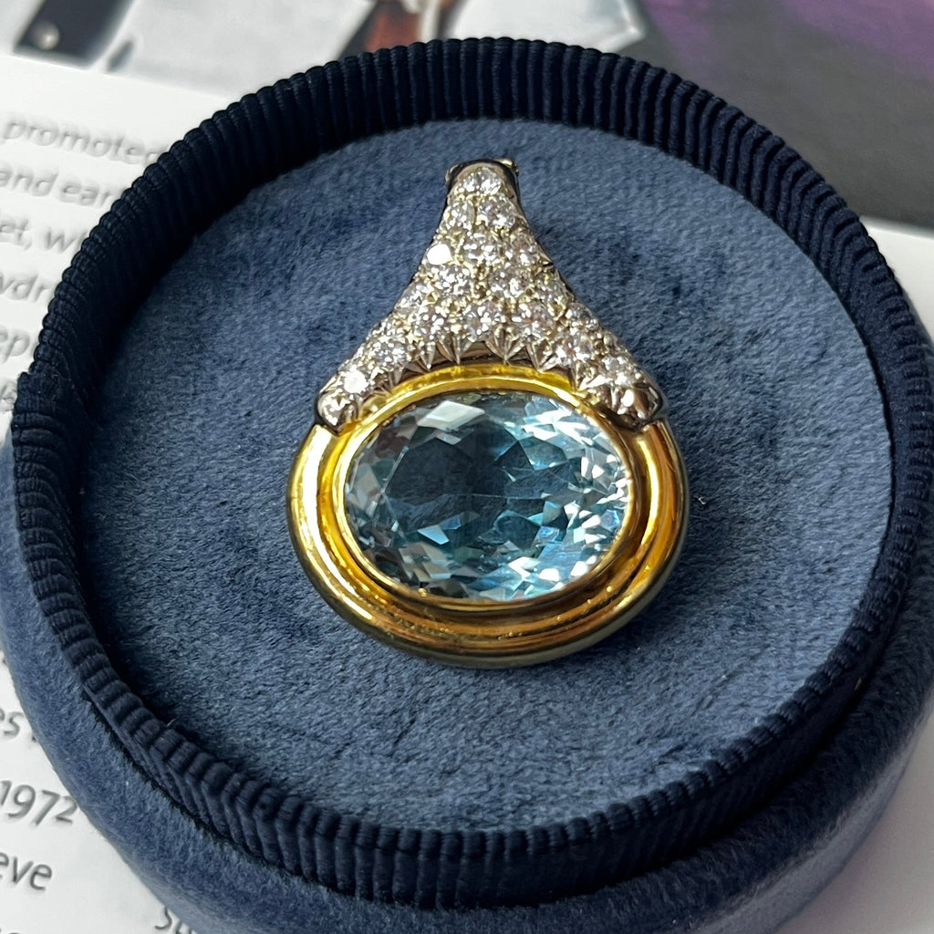 Vintage 18K Yellow Gold Blue Topaz and Diamond Pendant
