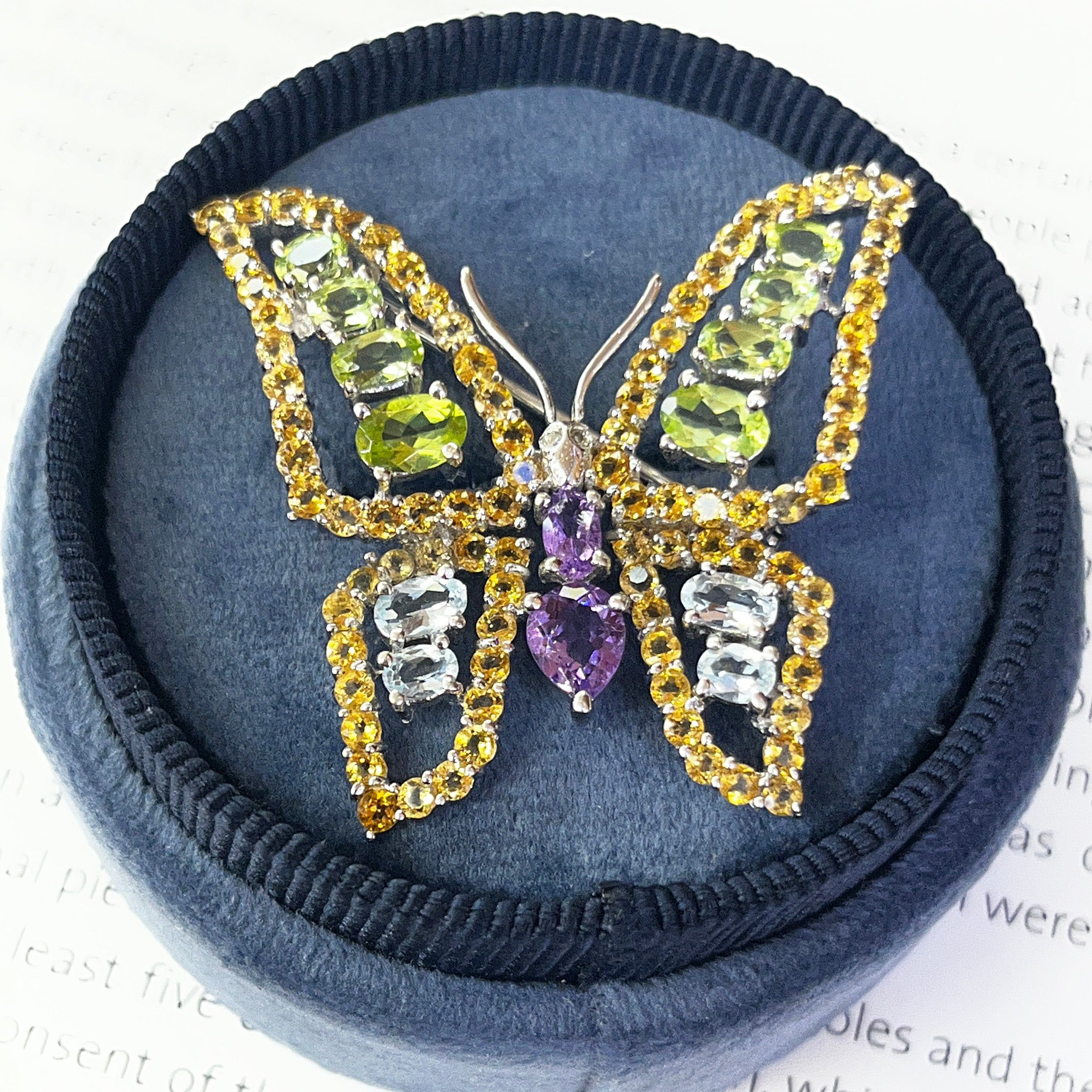 Vintage Butterfly Multi Color Stones in 18K White Gold Brooch