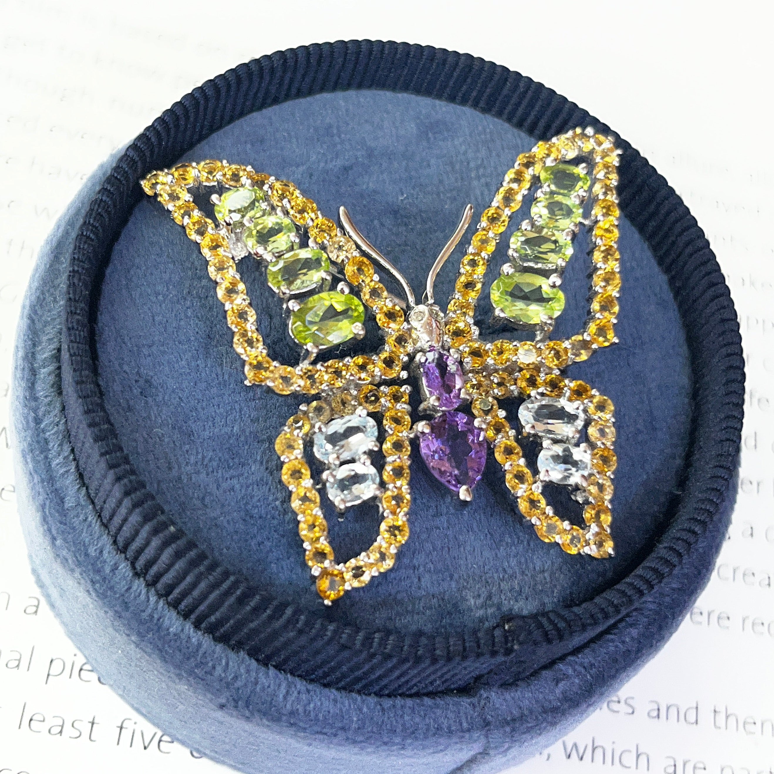 Vintage Butterfly Multi Color Stones in 18K White Gold Brooch