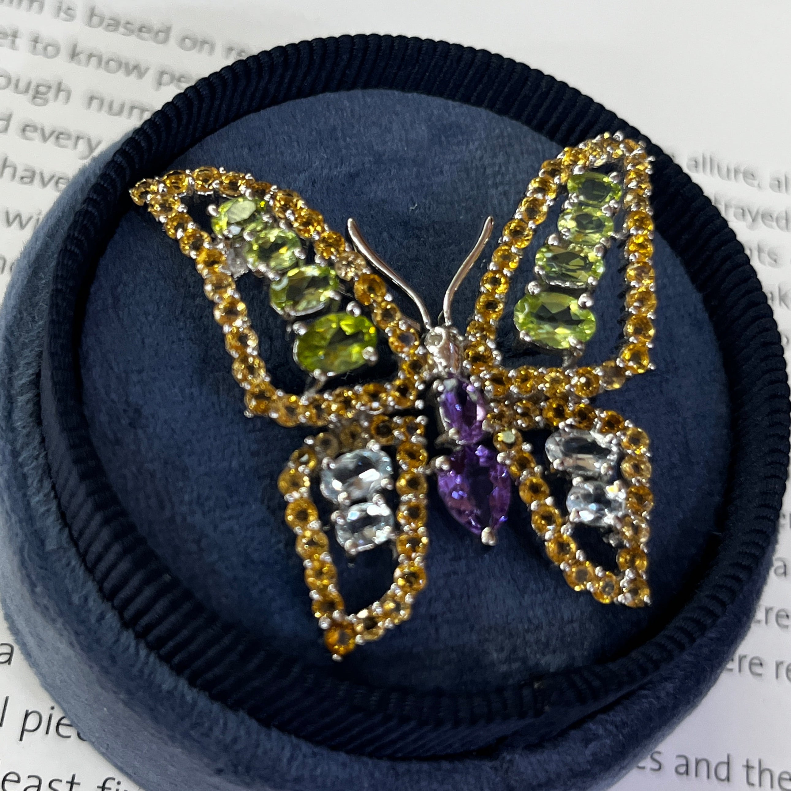 Vintage Butterfly Multi Color Stones in 18K White Gold Brooch