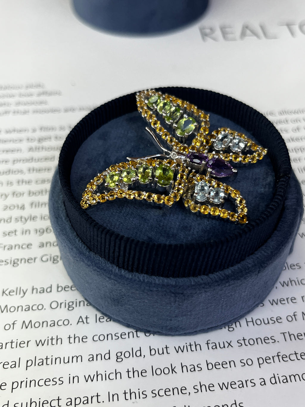 Vintage Butterfly Multi Color Stones in 18K White Gold Brooch