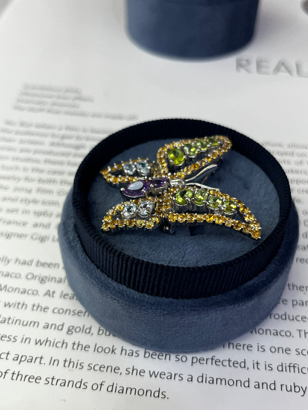 Vintage Butterfly Multi Color Stones in 18K White Gold Brooch