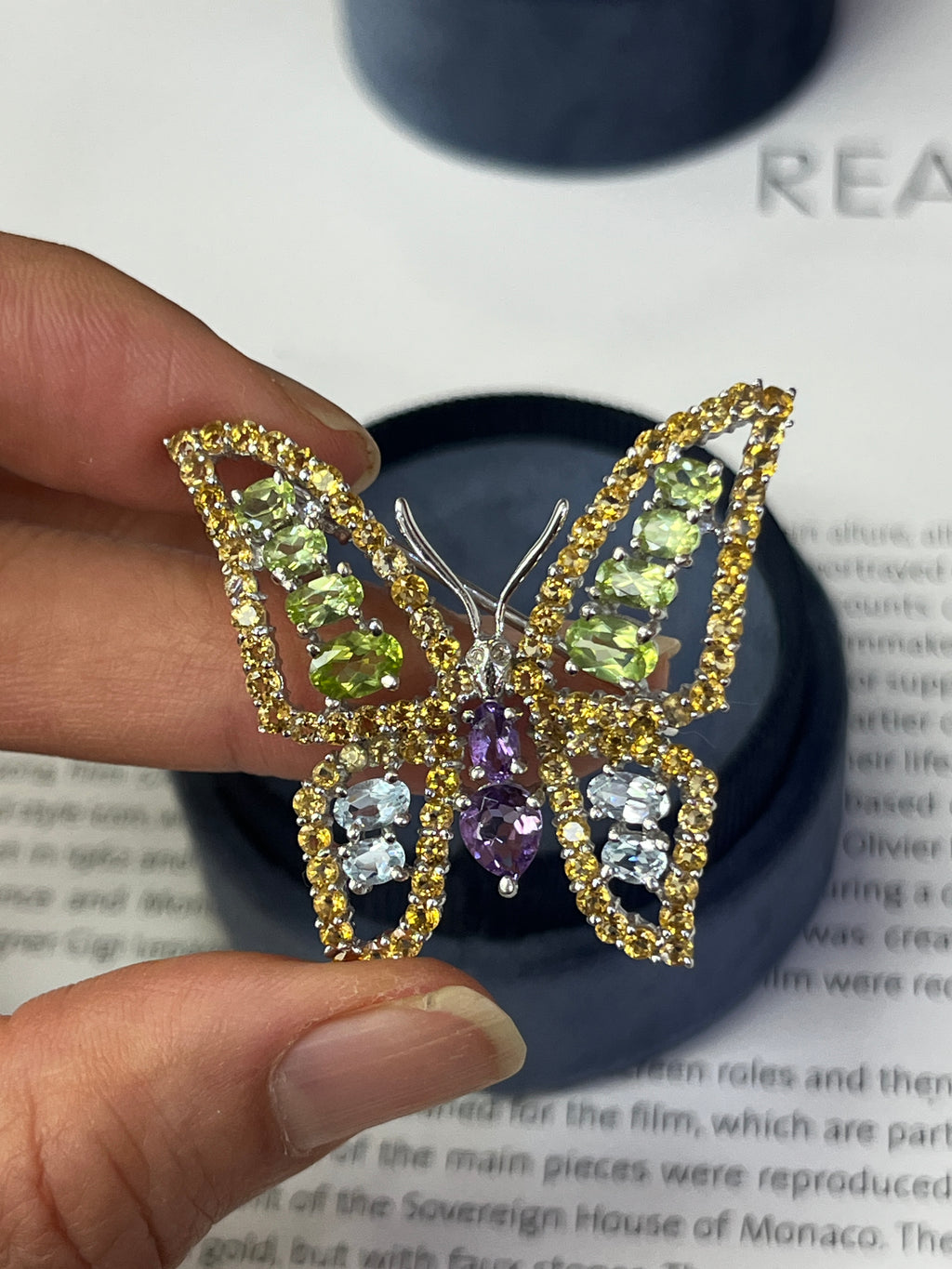 Vintage Butterfly Multi Color Stones in 18K White Gold Brooch