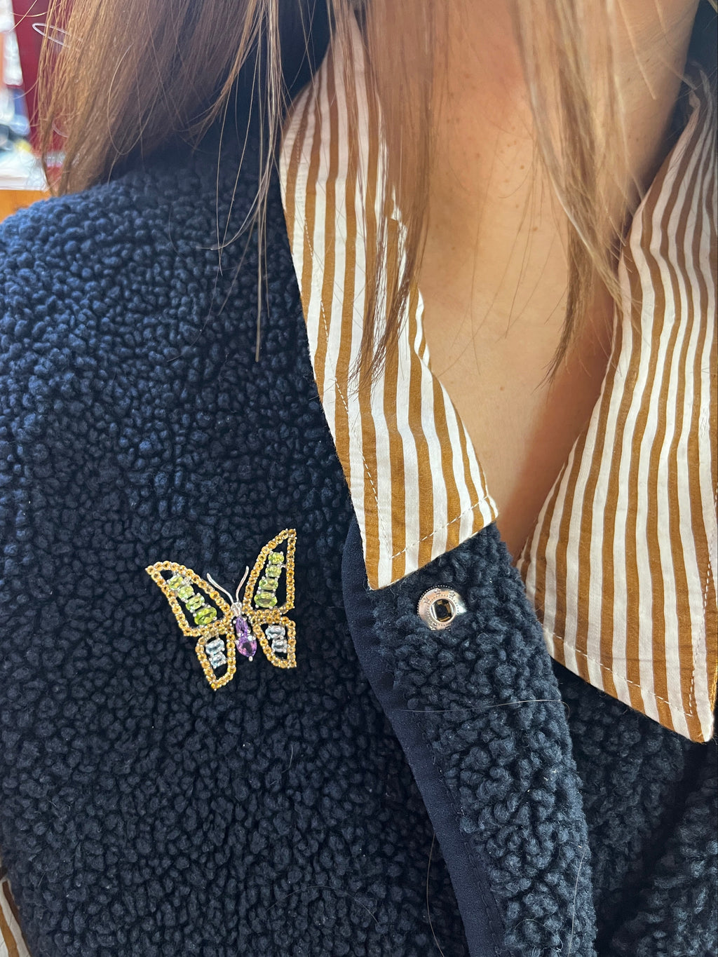 Vintage Butterfly Multi Color Stones in 18K White Gold Brooch