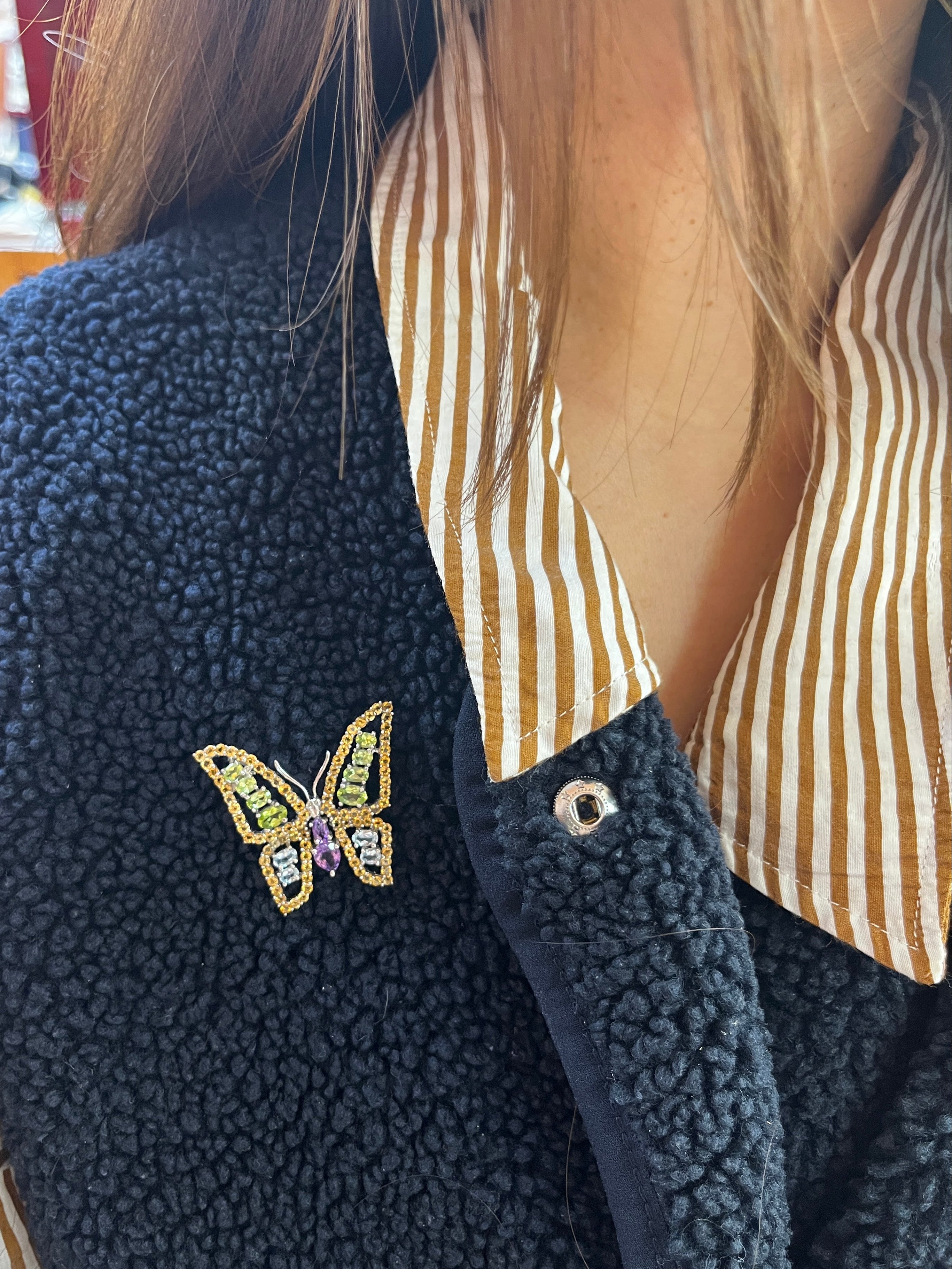 Vintage Butterfly Multi Color Stones in 18K White Gold Brooch