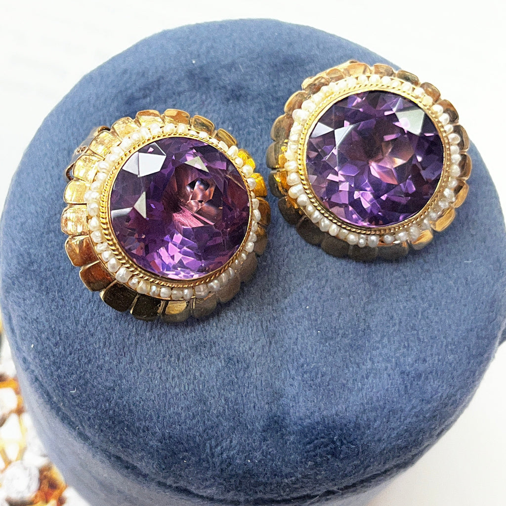 Vintage Round Cut Amethyst Beaded Seed Pearl Halo Button Clip Earrings