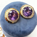 Vintage Round Cut Amethyst Beaded Seed Pearl Halo Button Clip Earrings