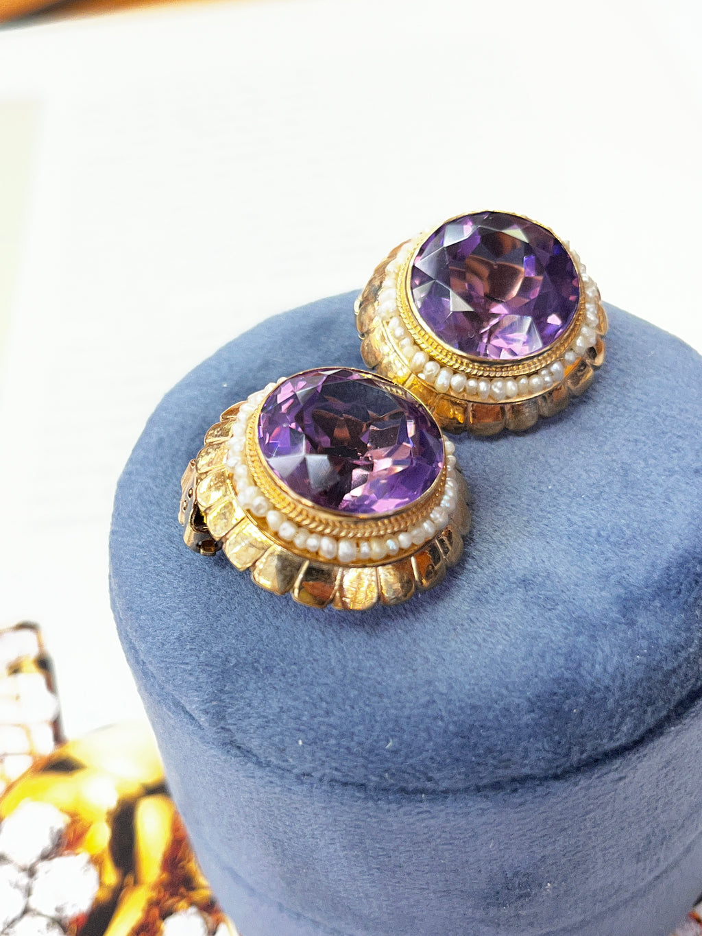 Vintage Round Cut Amethyst Beaded Seed Pearl Halo Button Clip Earrings