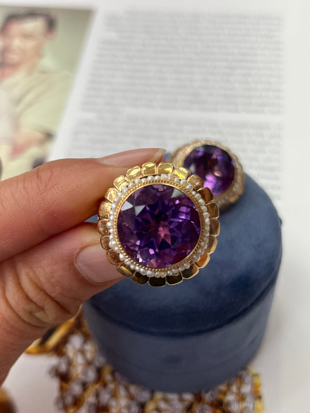Vintage Round Cut Amethyst Beaded Seed Pearl Halo Button Clip Earrings