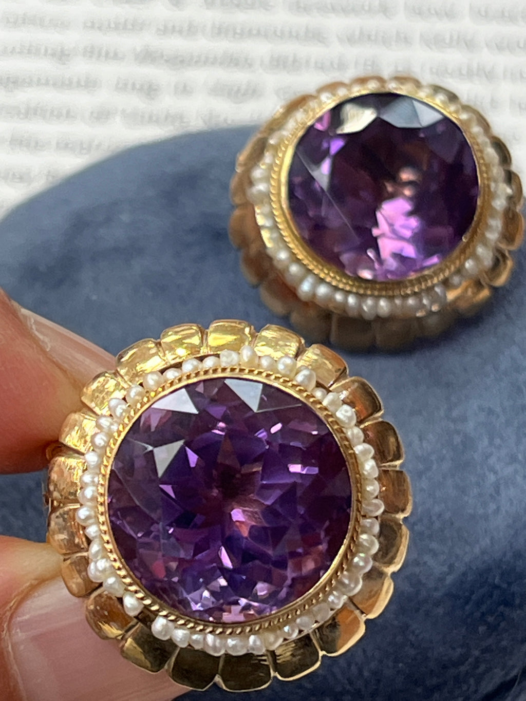 Vintage Round Cut Amethyst Beaded Seed Pearl Halo Button Clip Earrings