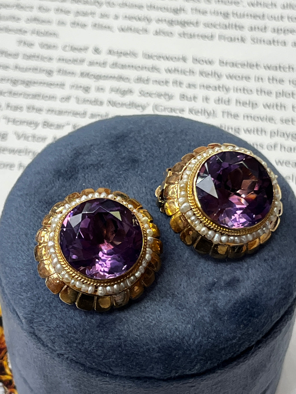 Vintage Round Cut Amethyst Beaded Seed Pearl Halo Button Clip Earrings