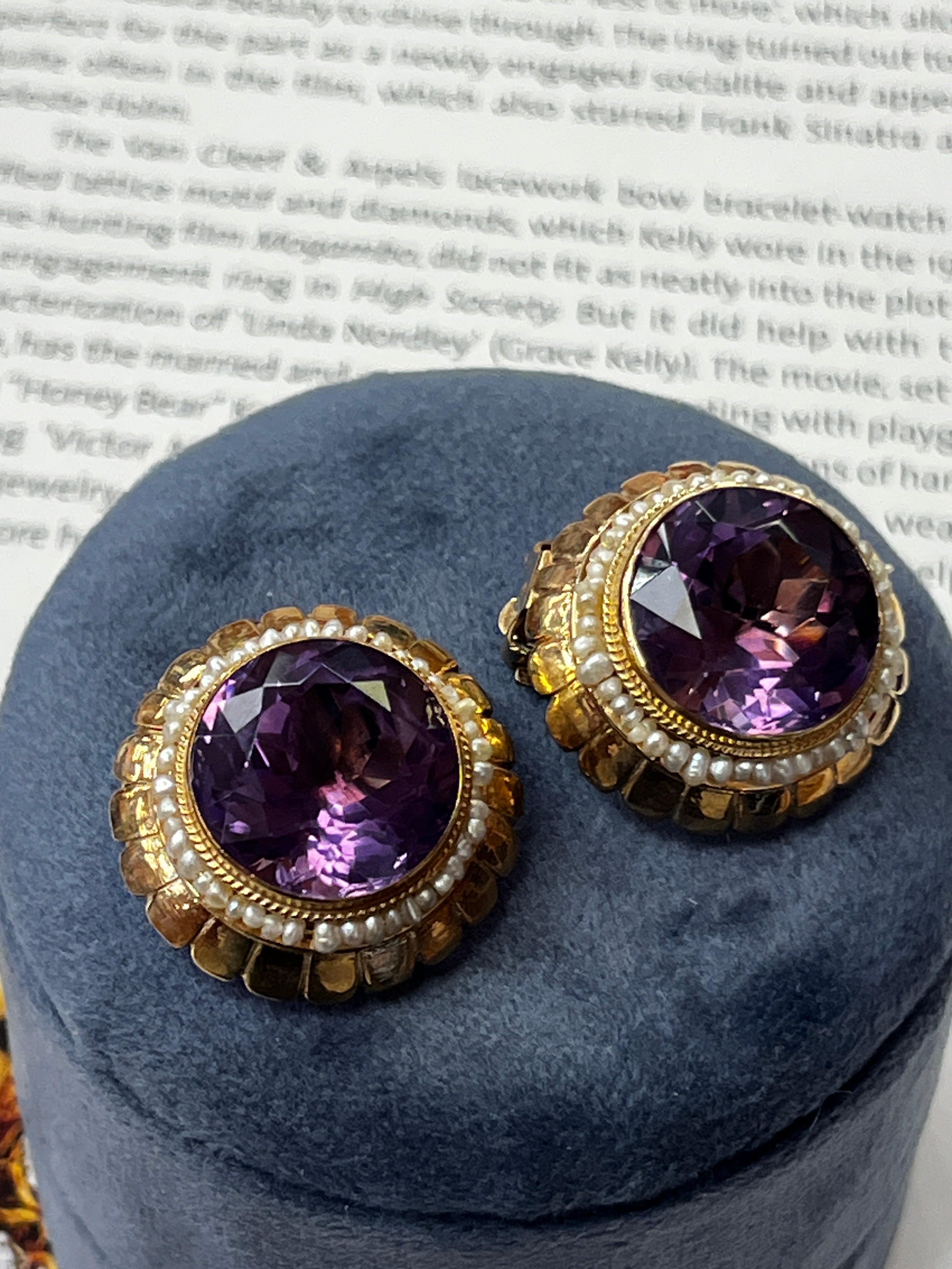 Vintage Round Cut Amethyst Beaded Seed Pearl Halo Button Clip Earrings