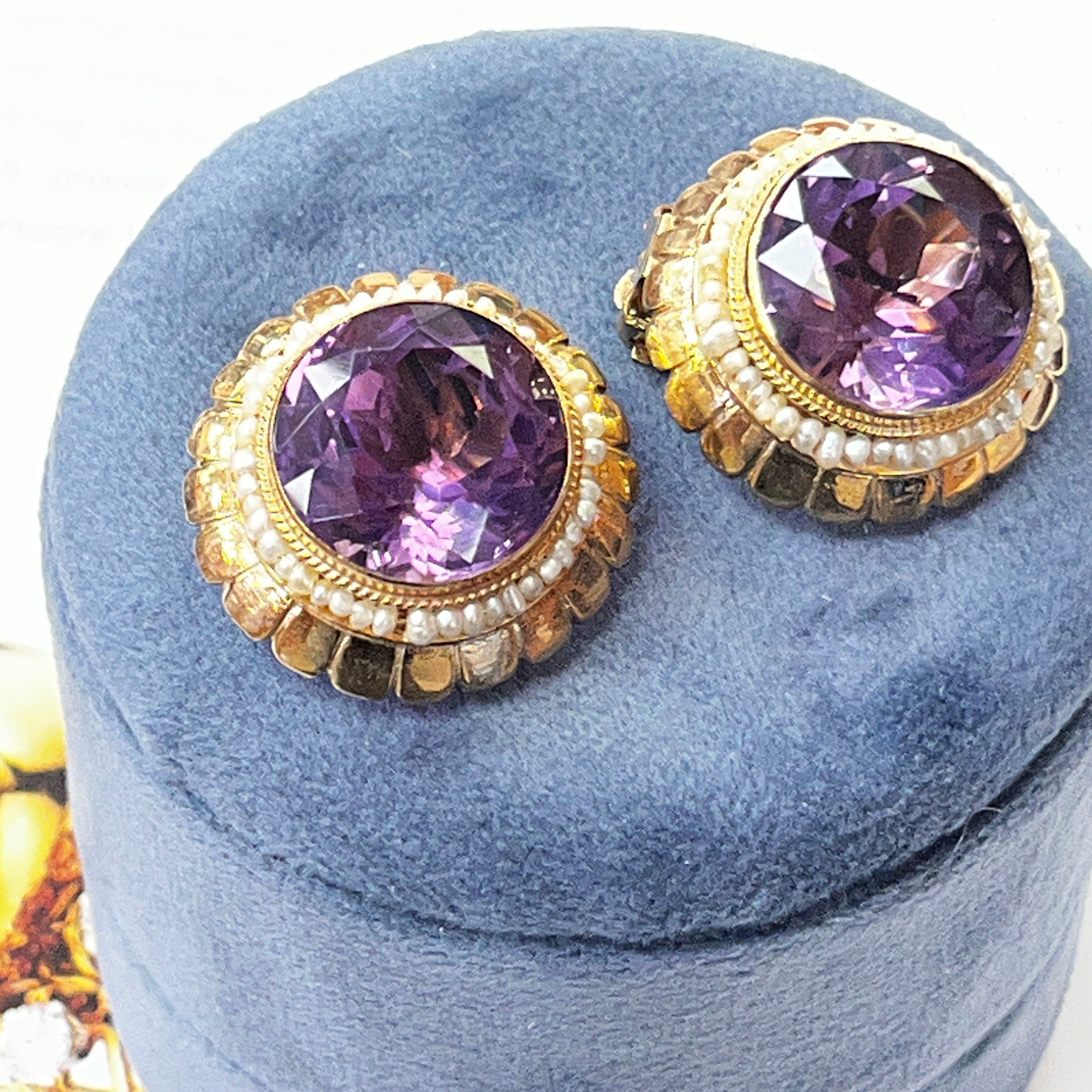 Vintage Round Cut Amethyst Beaded Seed Pearl Halo Button Clip Earrings
