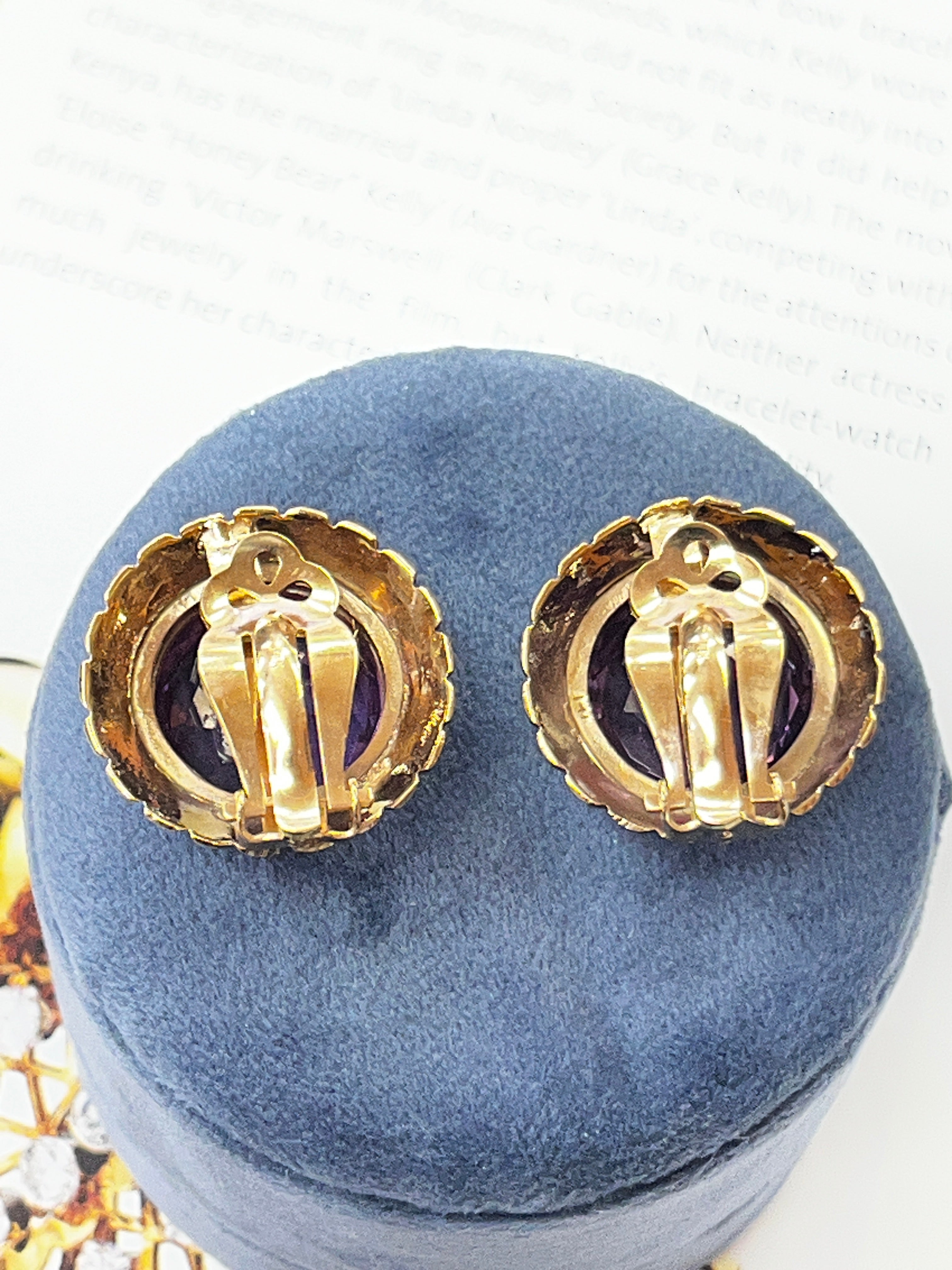Vintage Round Cut Amethyst Beaded Seed Pearl Halo Button Clip Earrings