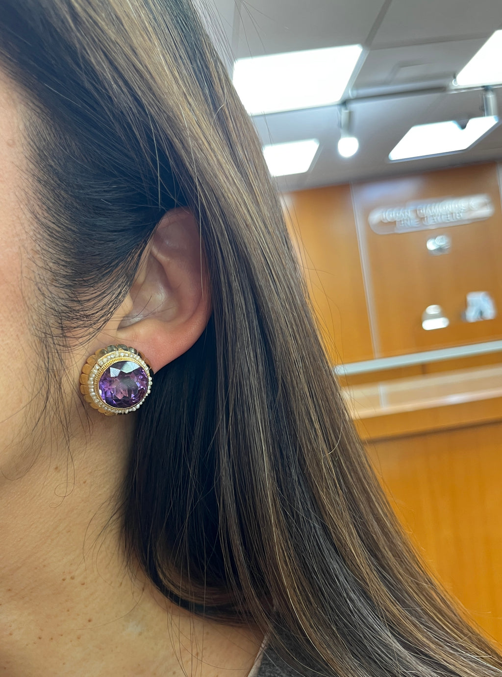 Vintage Round Cut Amethyst Beaded Seed Pearl Halo Button Clip Earrings