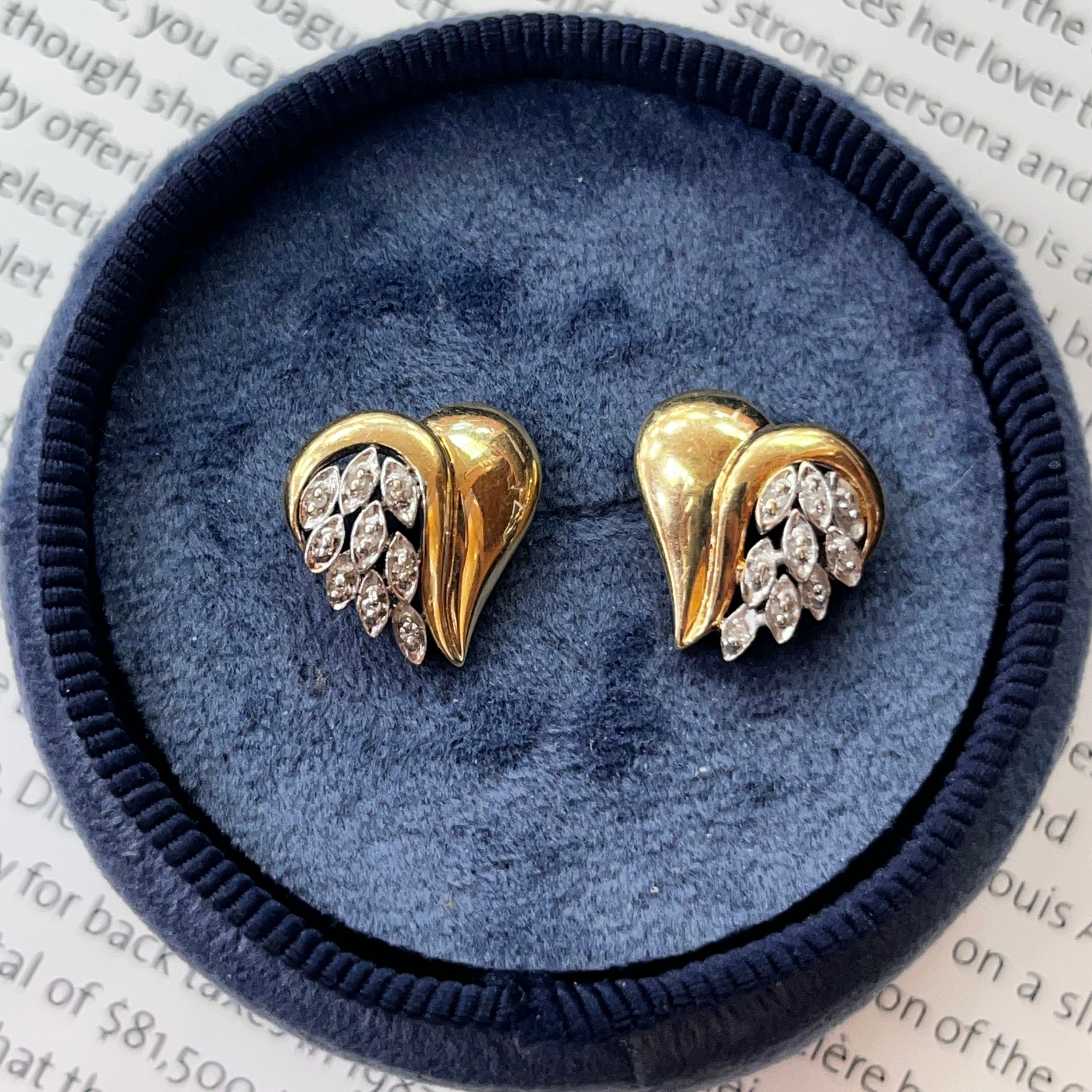Vintage 14K Two Tone Gold Heart-Meets-Wing Earrings