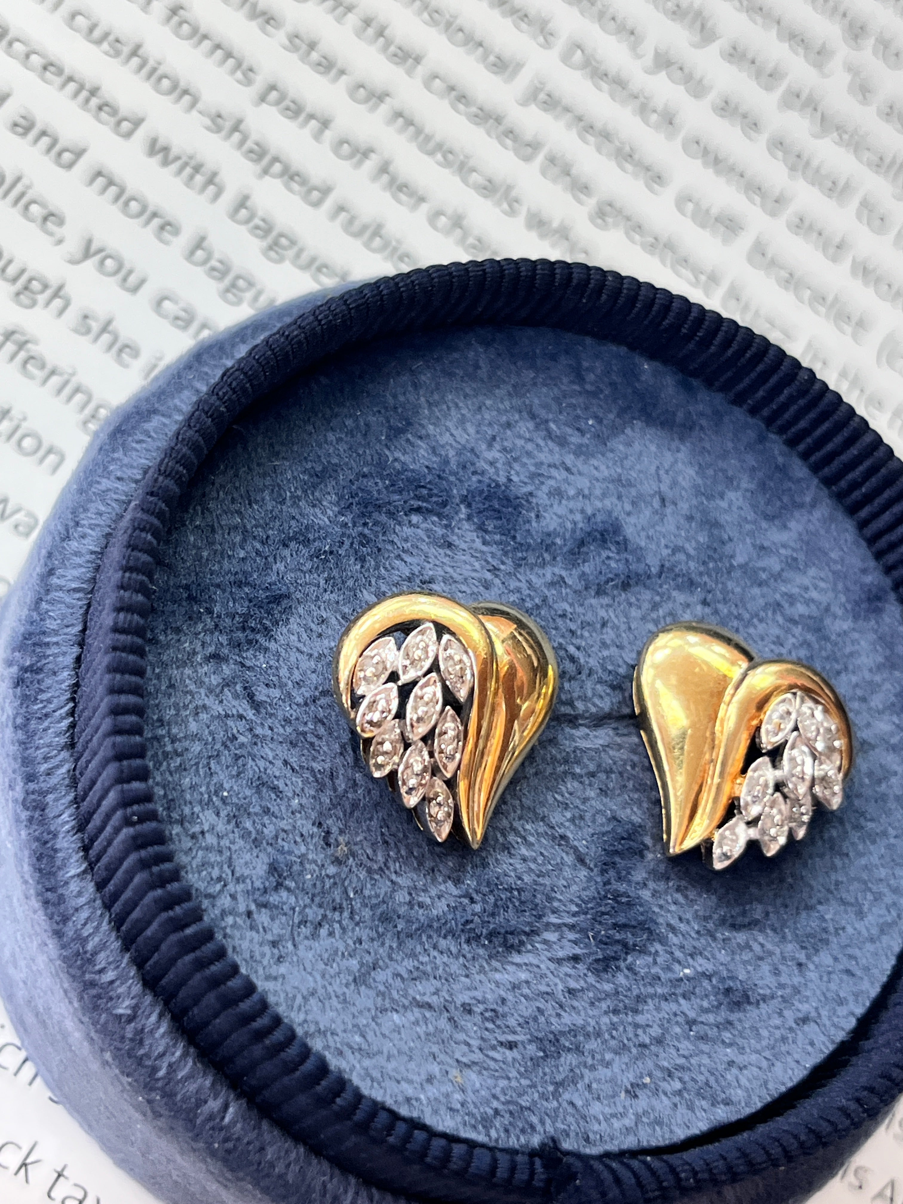 Vintage 14K Two Tone Gold Heart-Meets-Wing Earrings