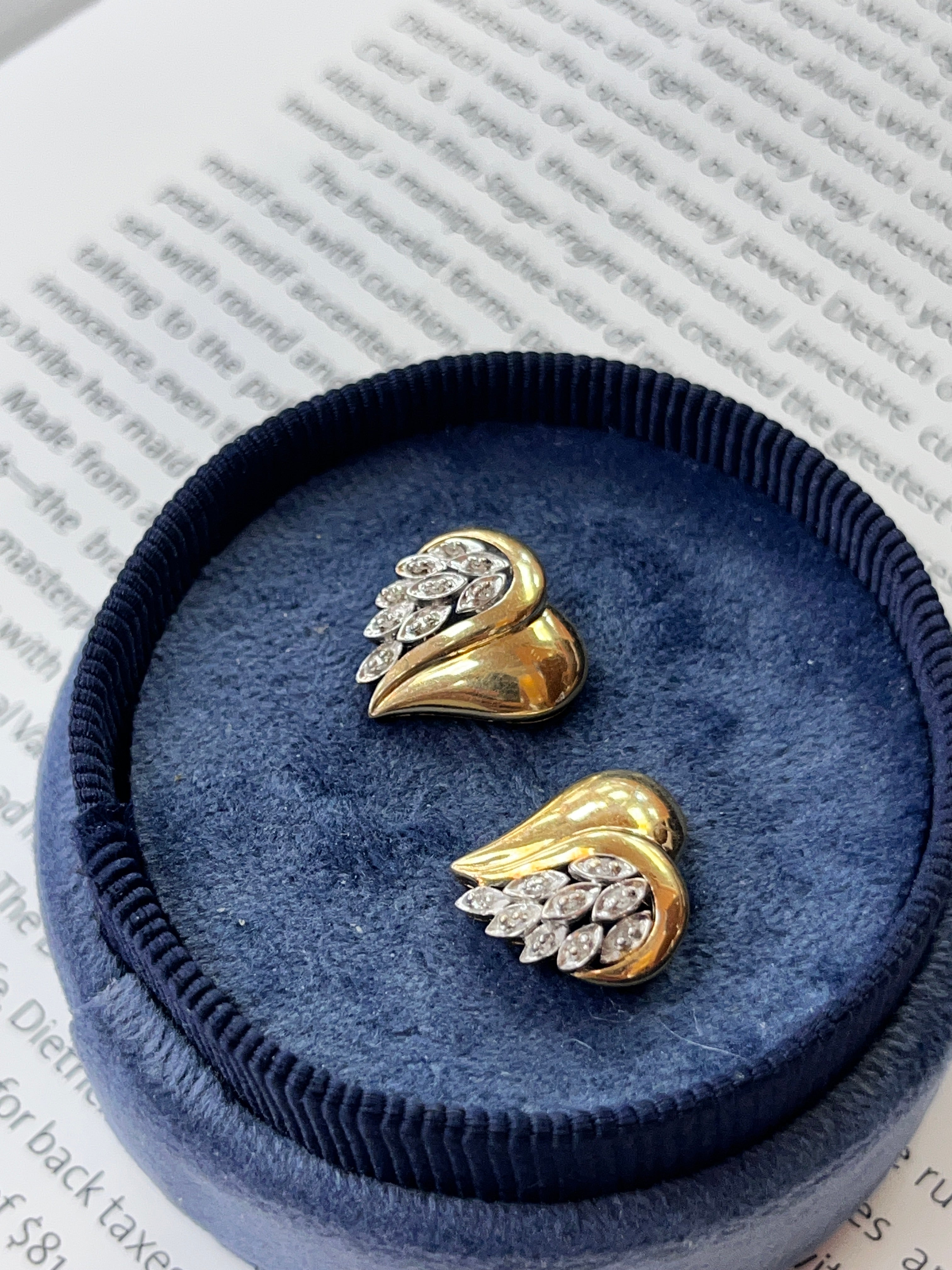 Vintage 14K Two Tone Gold Heart-Meets-Wing Earrings