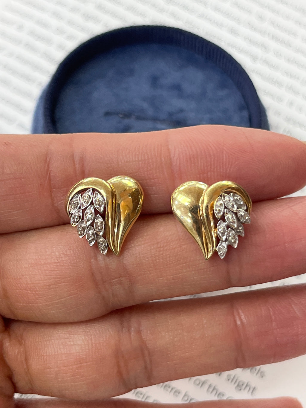 Vintage 14K Two Tone Gold Heart-Meets-Wing Earrings