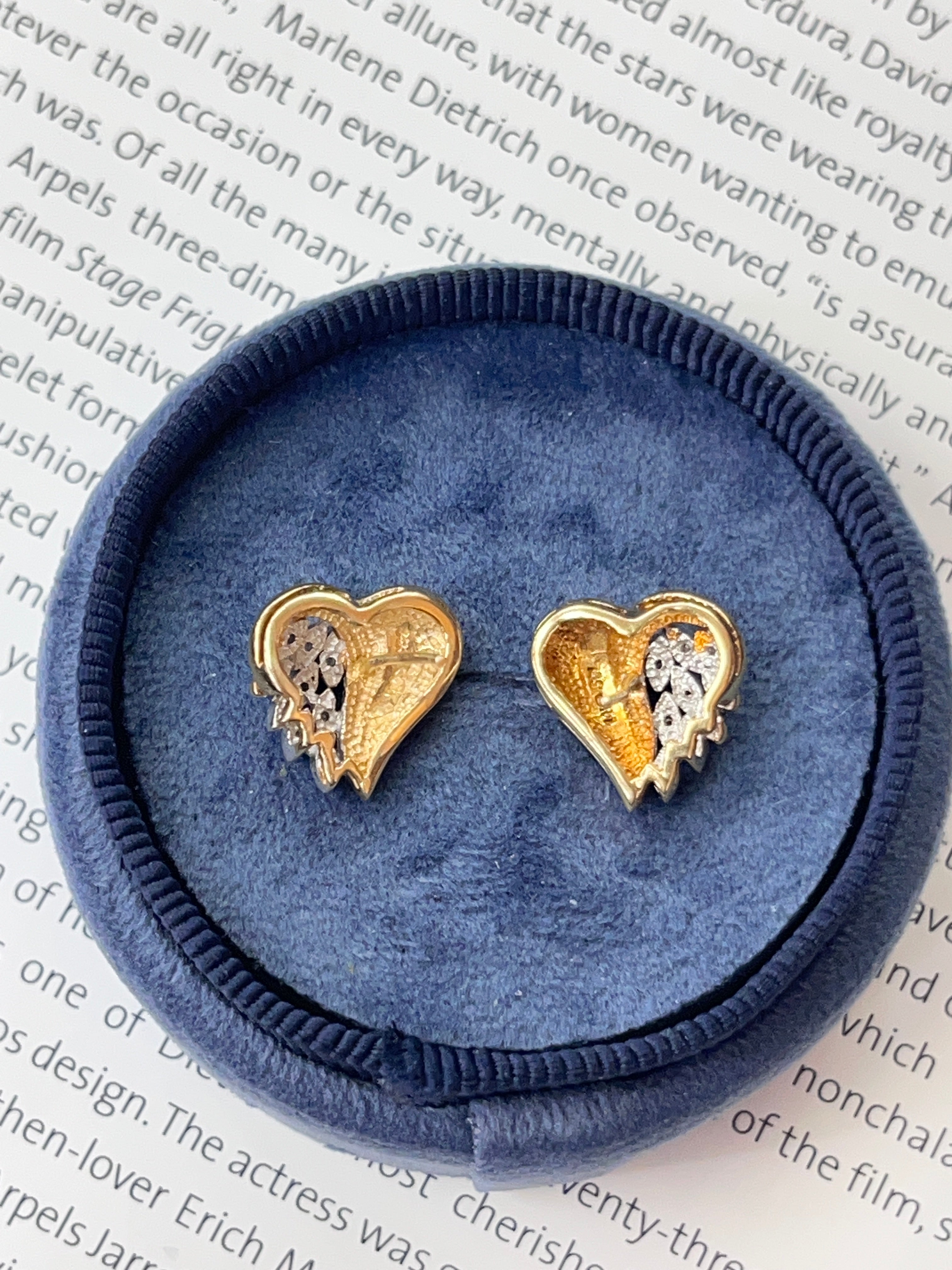 Vintage 14K Two Tone Gold Heart-Meets-Wing Earrings