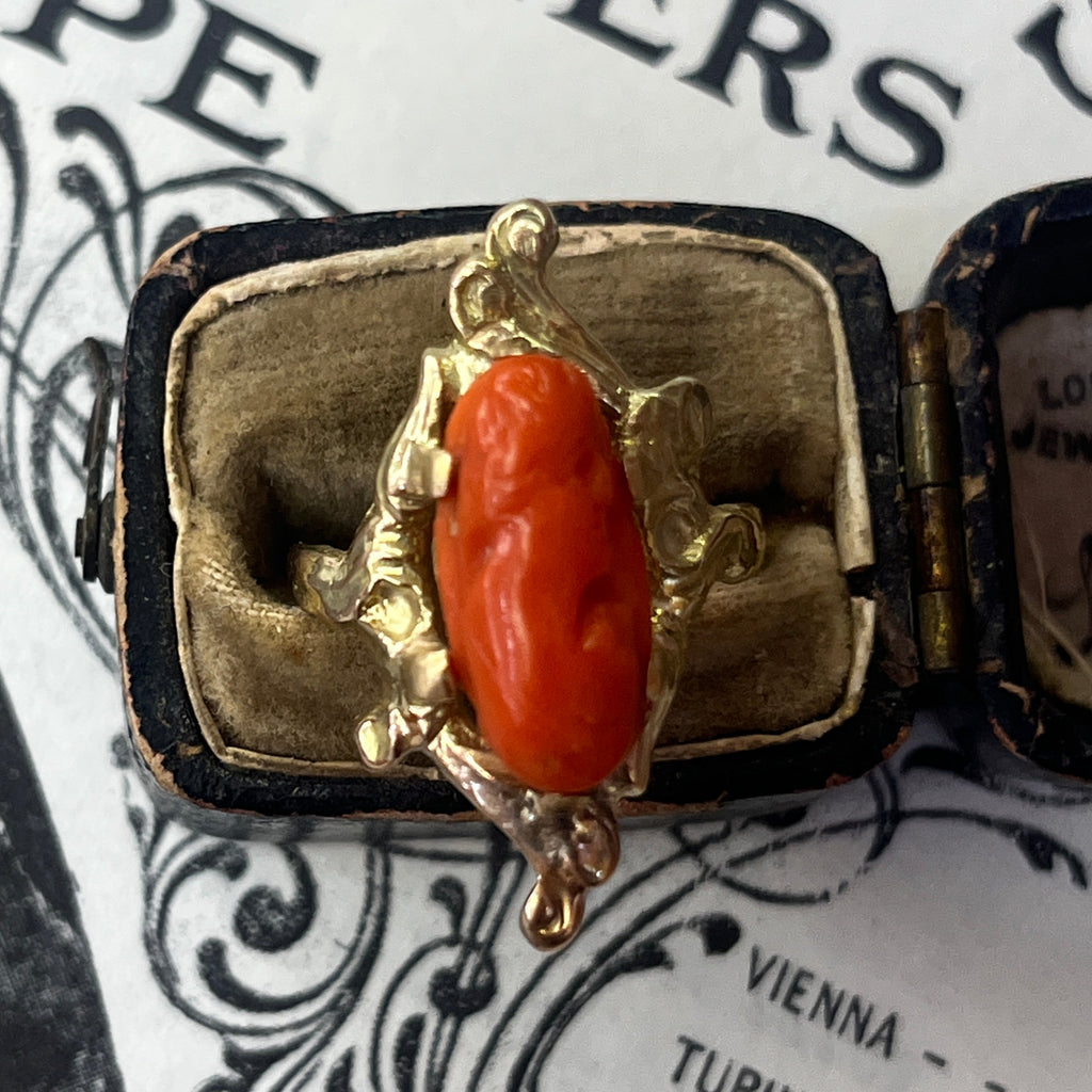 Victorian 14K Yellow Gold Carved Coral Woman’s Portrait Ring.
