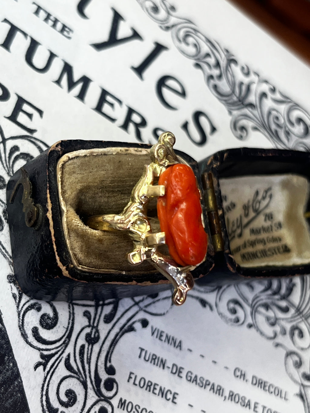 Victorian 14K Yellow Gold Carved Coral Woman’s Portrait Ring.
