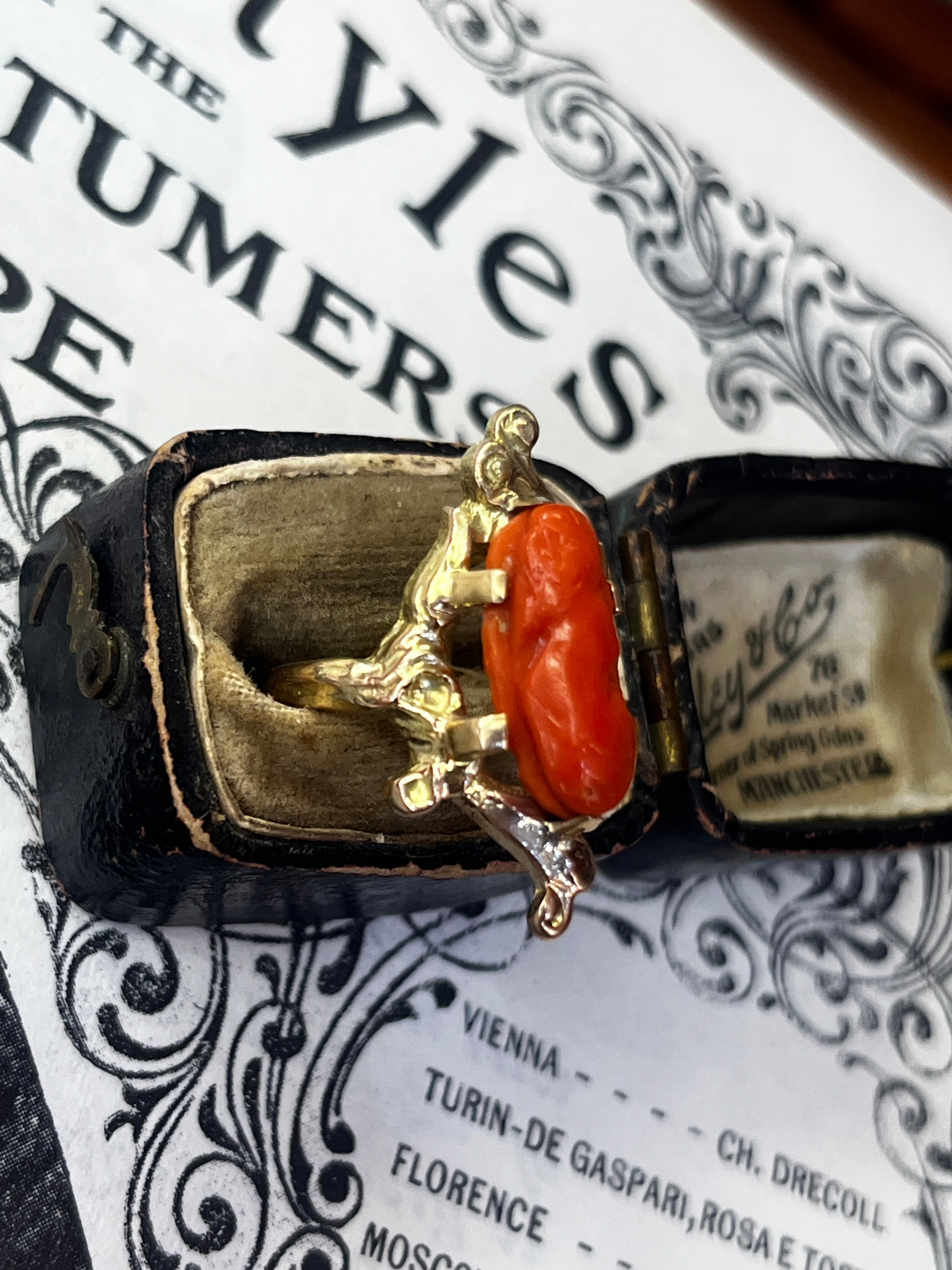 Victorian 14K Yellow Gold Carved Coral Woman’s Portrait Ring.